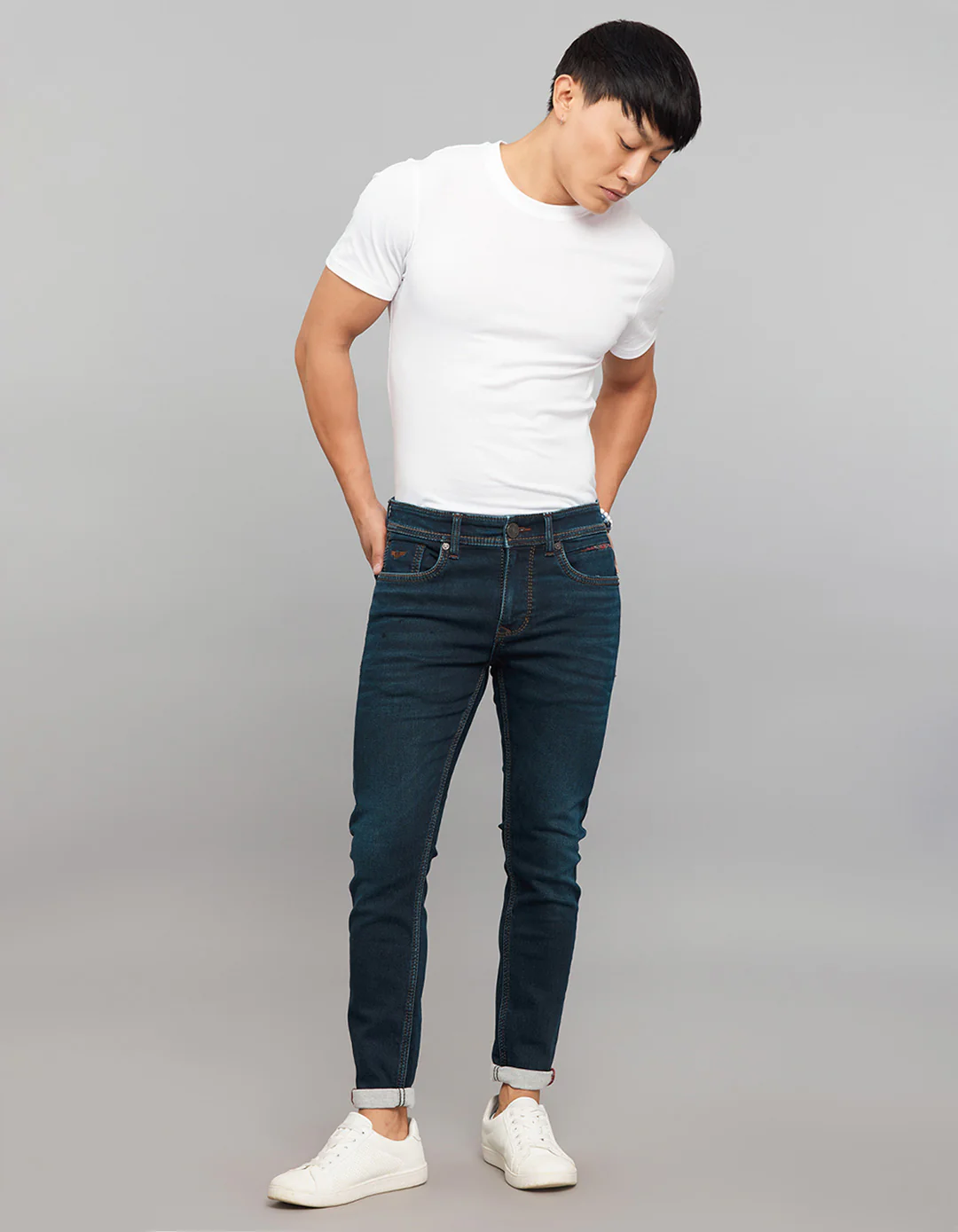 Dark Blue Low-Rise Tapered Ankle Length Knit Denim Jeans - Image 2