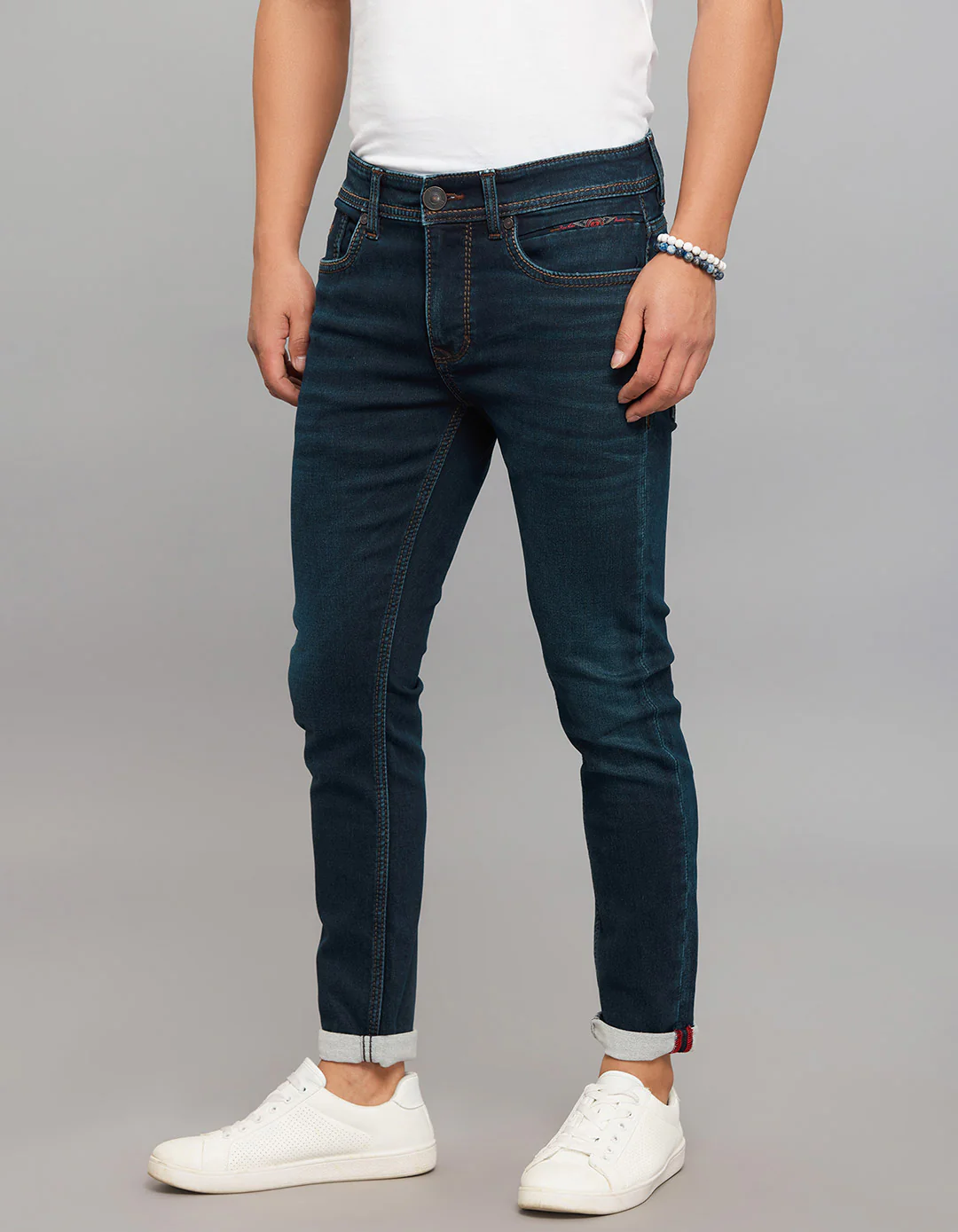 Dark Blue Low-Rise Tapered Ankle Length Knit Denim Jeans - Image 3