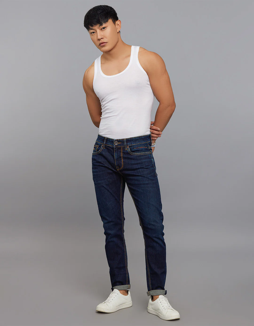Dark Blue Low-Rise Tapered Ankle Length Stretch Jeans - Image 2