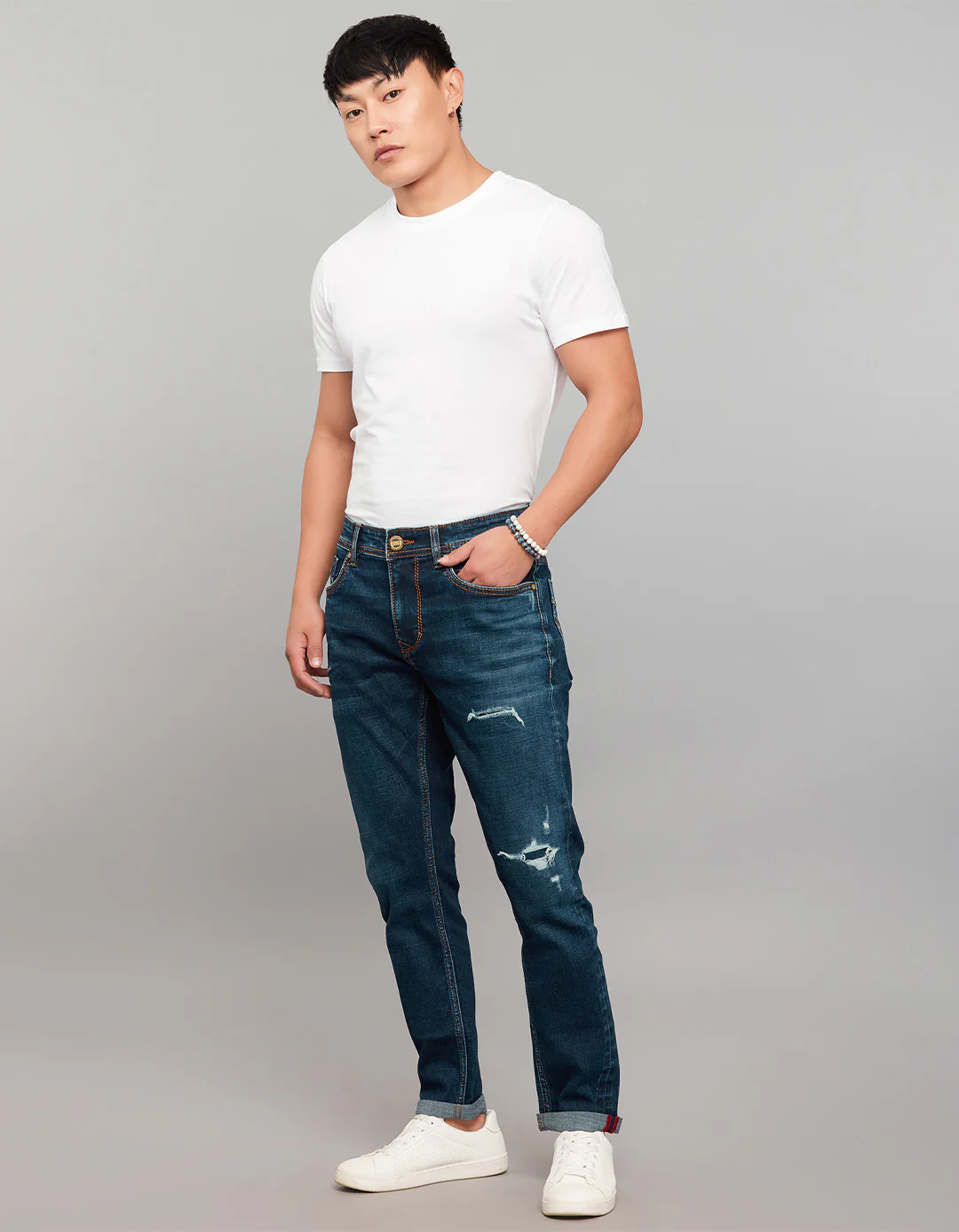 Dark Blue Low-Rise Tapered Ankle Length Stretch Jeans - Image 2