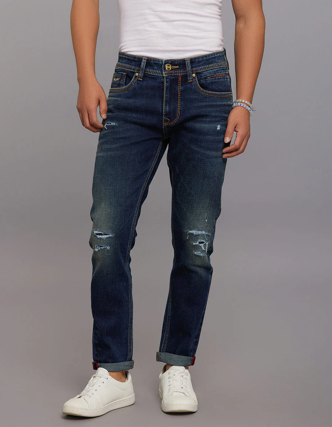 Dark Blue Low-Rise Tapered Ankle Length Stretch Jeans