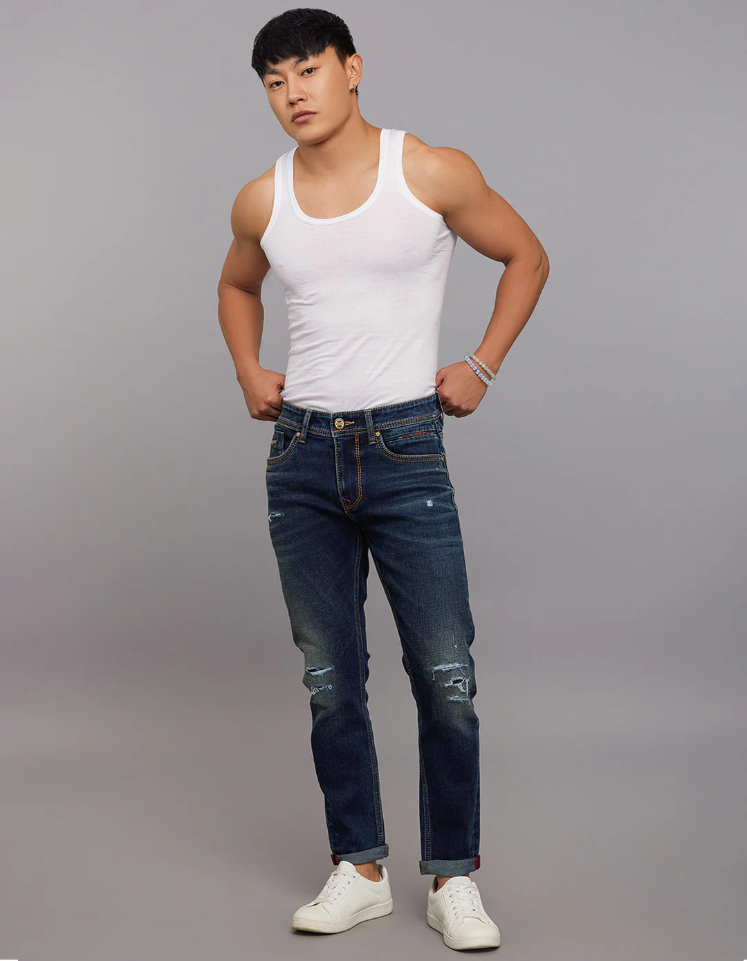 Dark Blue Low-Rise Tapered Ankle Length Stretch Jeans - Image 2