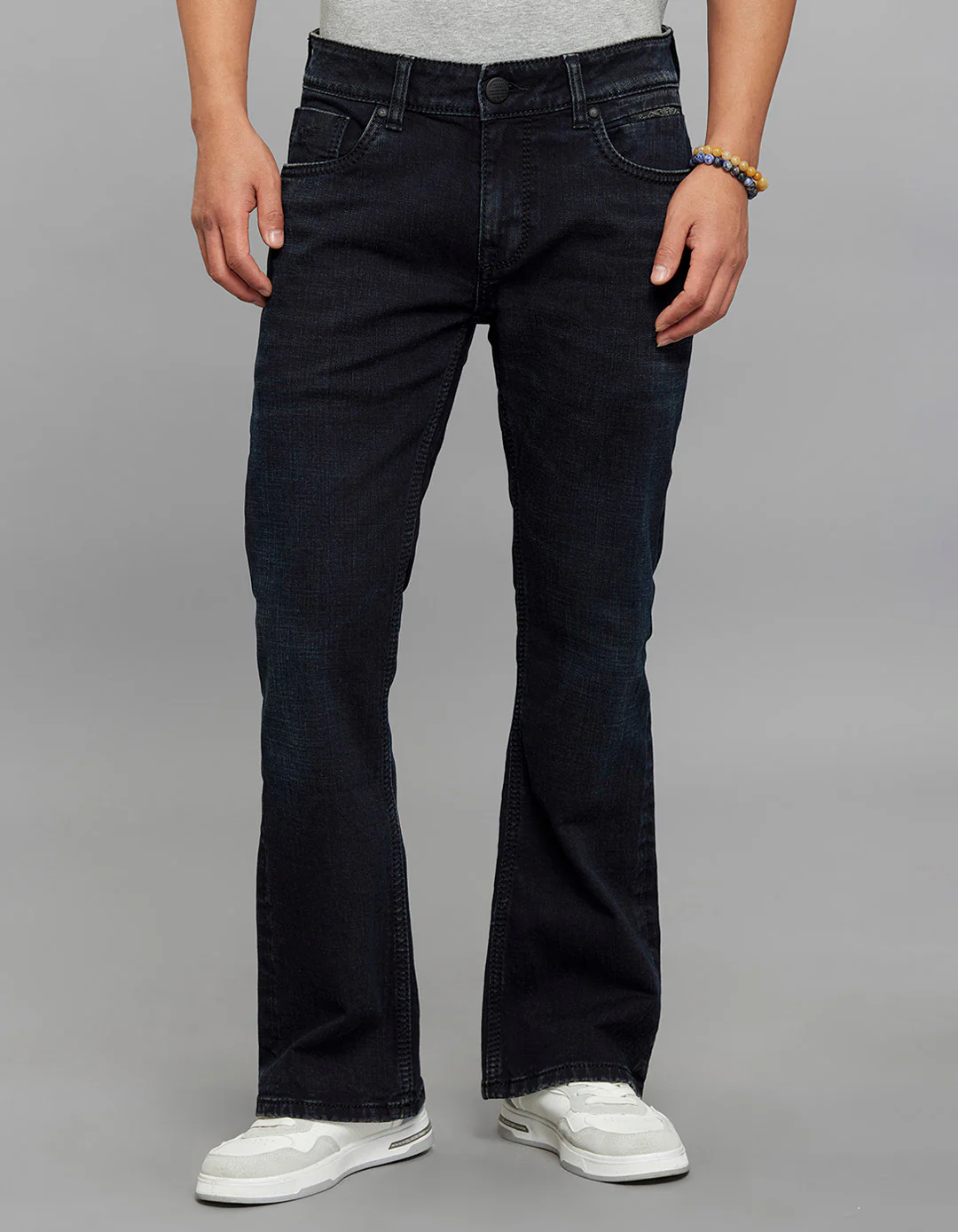 Dark Blue Mid Rise Cropped length Loose Boot Leg Stretch Jeans