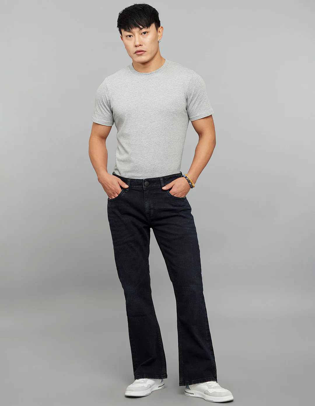 Dark Blue Mid Rise Cropped length Loose Boot Leg Stretch Jeans - Image 2