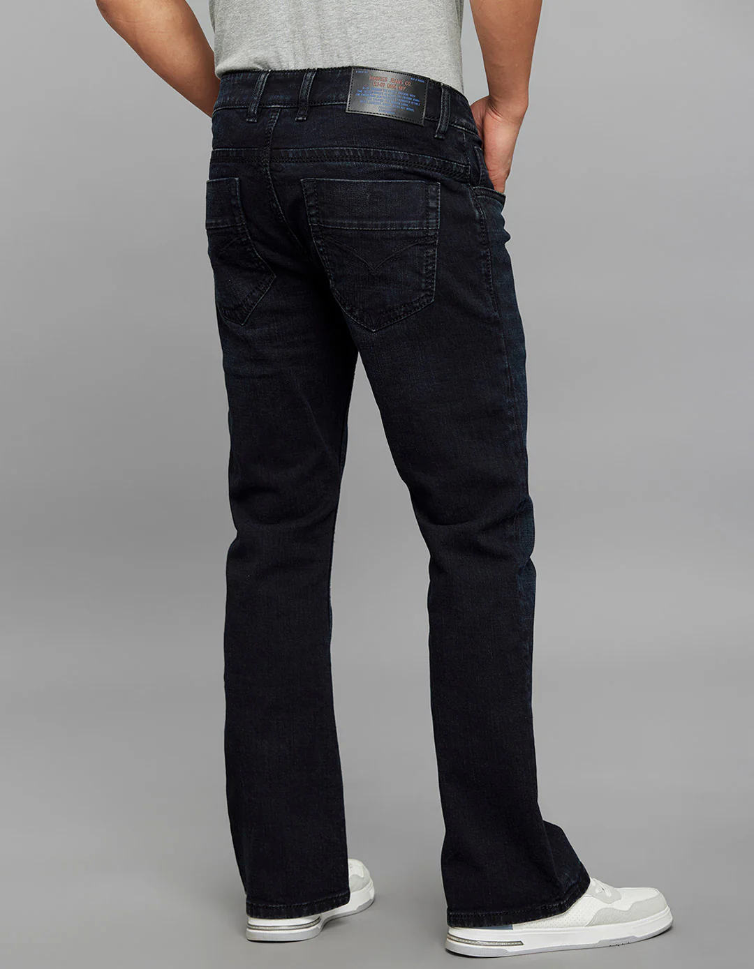 Dark Blue Mid Rise Cropped length Loose Boot Leg Stretch Jeans - Image 5