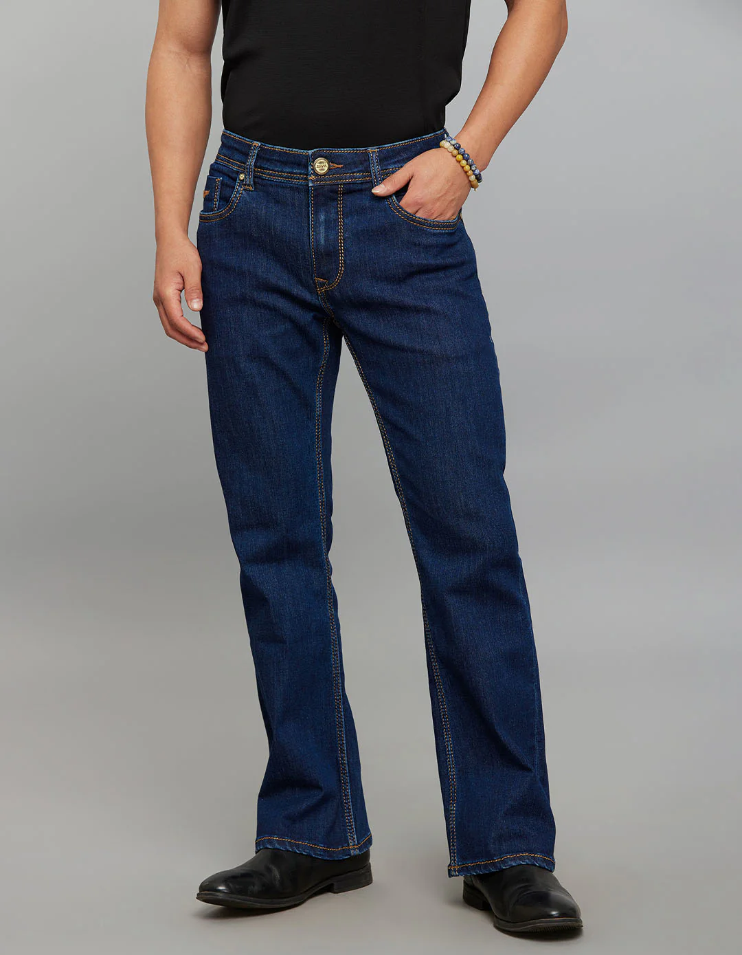 Dark Blue Mid Rise Cropped length Loose Boot Leg Stretch Jeans