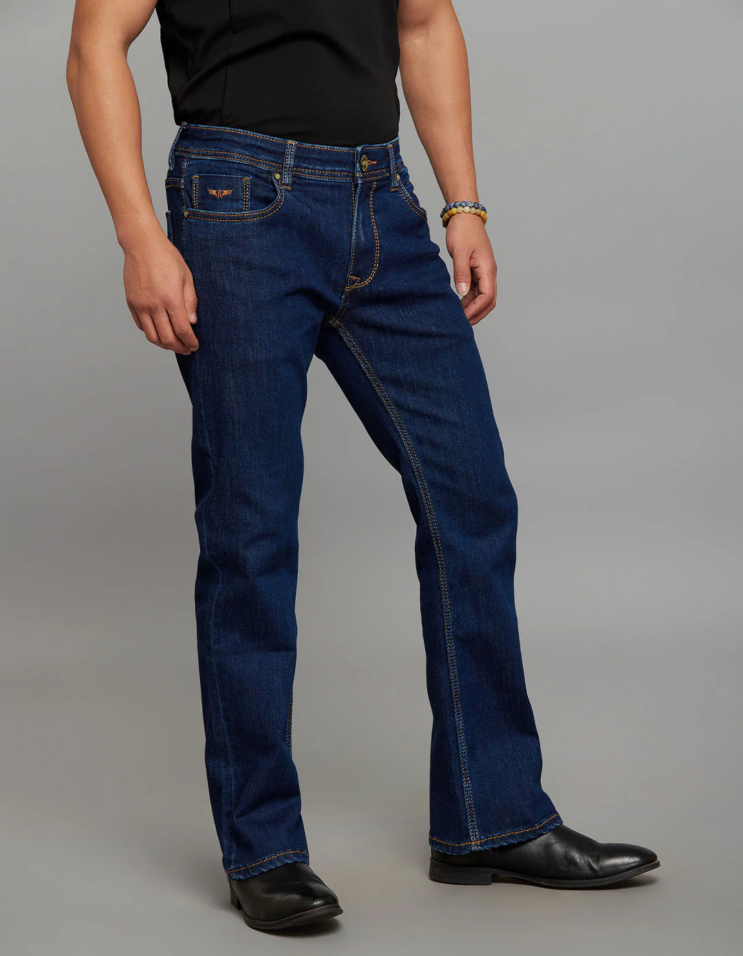 Dark Blue Mid Rise Cropped length Loose Boot Leg Stretch Jeans - Image 4