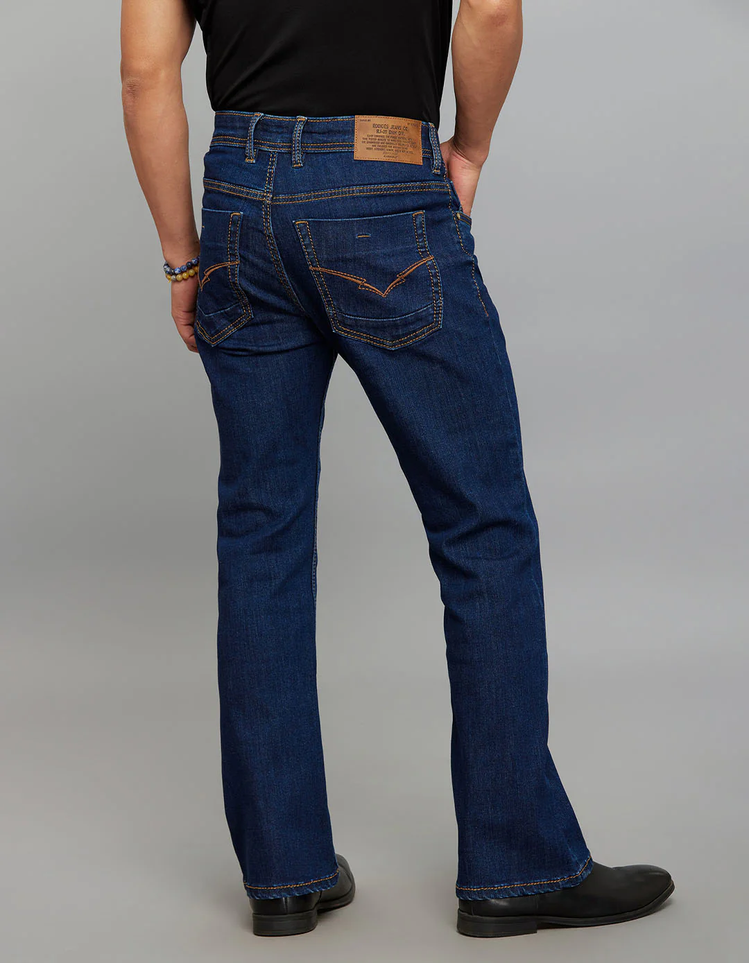 Dark Blue Mid Rise Cropped length Loose Boot Leg Stretch Jeans - Image 5