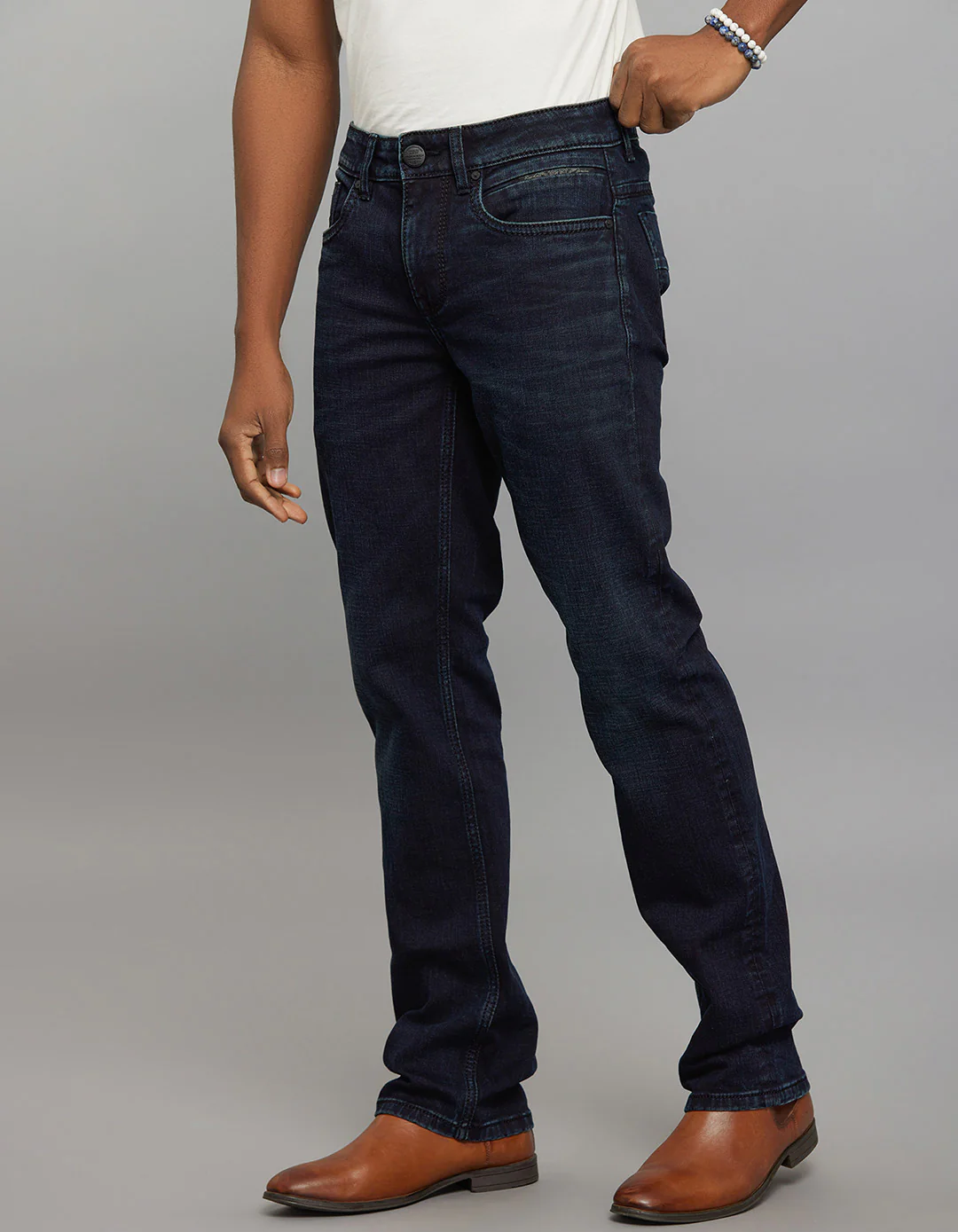 Dark Blue Mid Rise Loose Boot Leg Stretch Jeans - Image 3