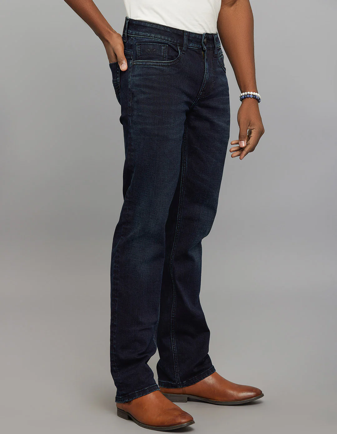 Dark Blue Mid Rise Loose Boot Leg Stretch Jeans - Image 4