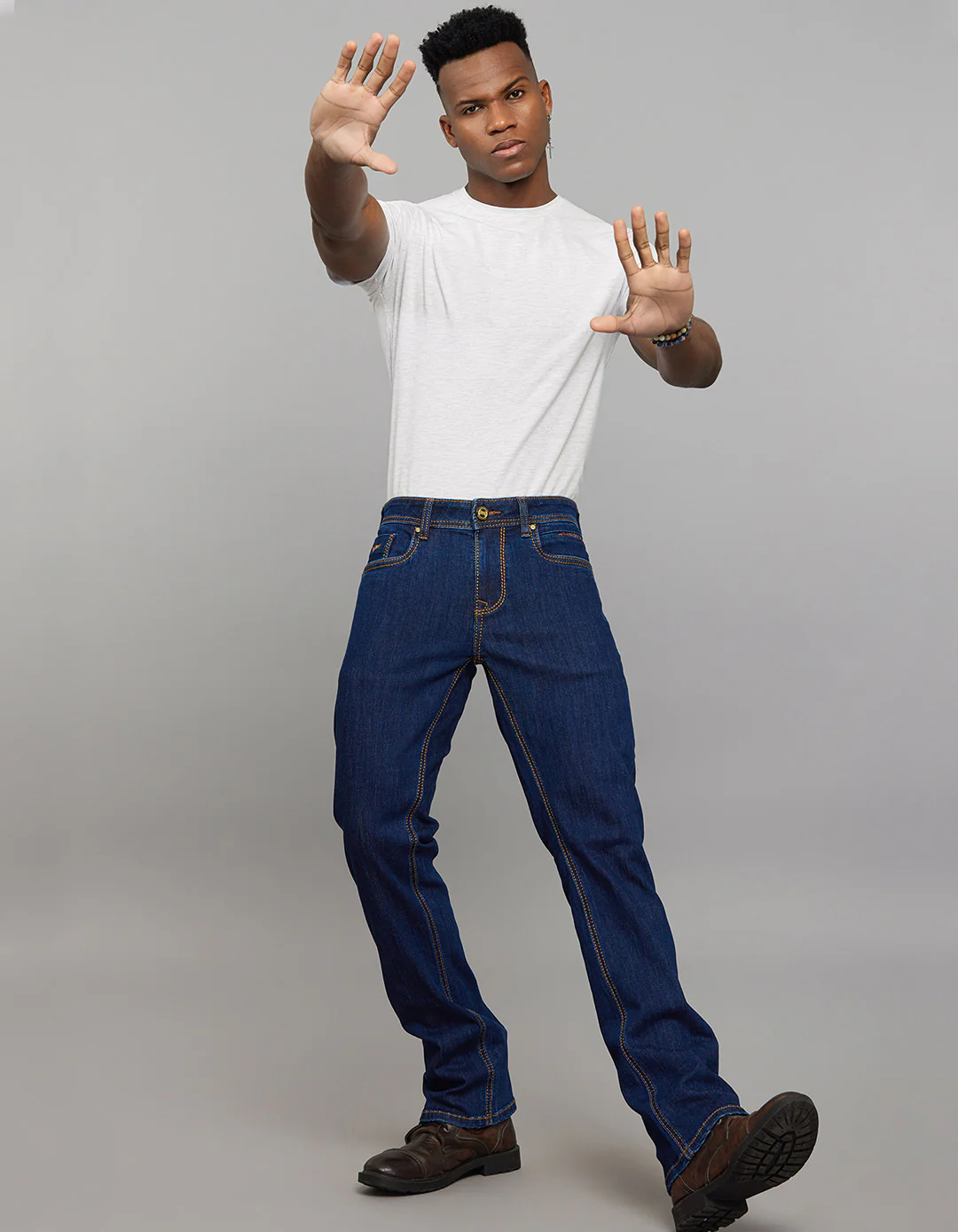 Dark Blue Mid Rise Loose Boot Leg Stretch Jeans - Image 5
