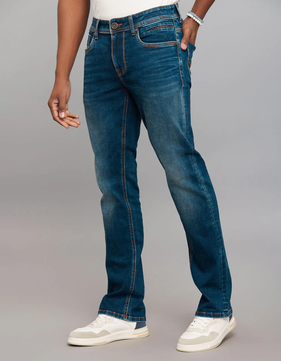 Dark Blue Mid Rise Loose Boot Leg Stretch Jeans - Image 3
