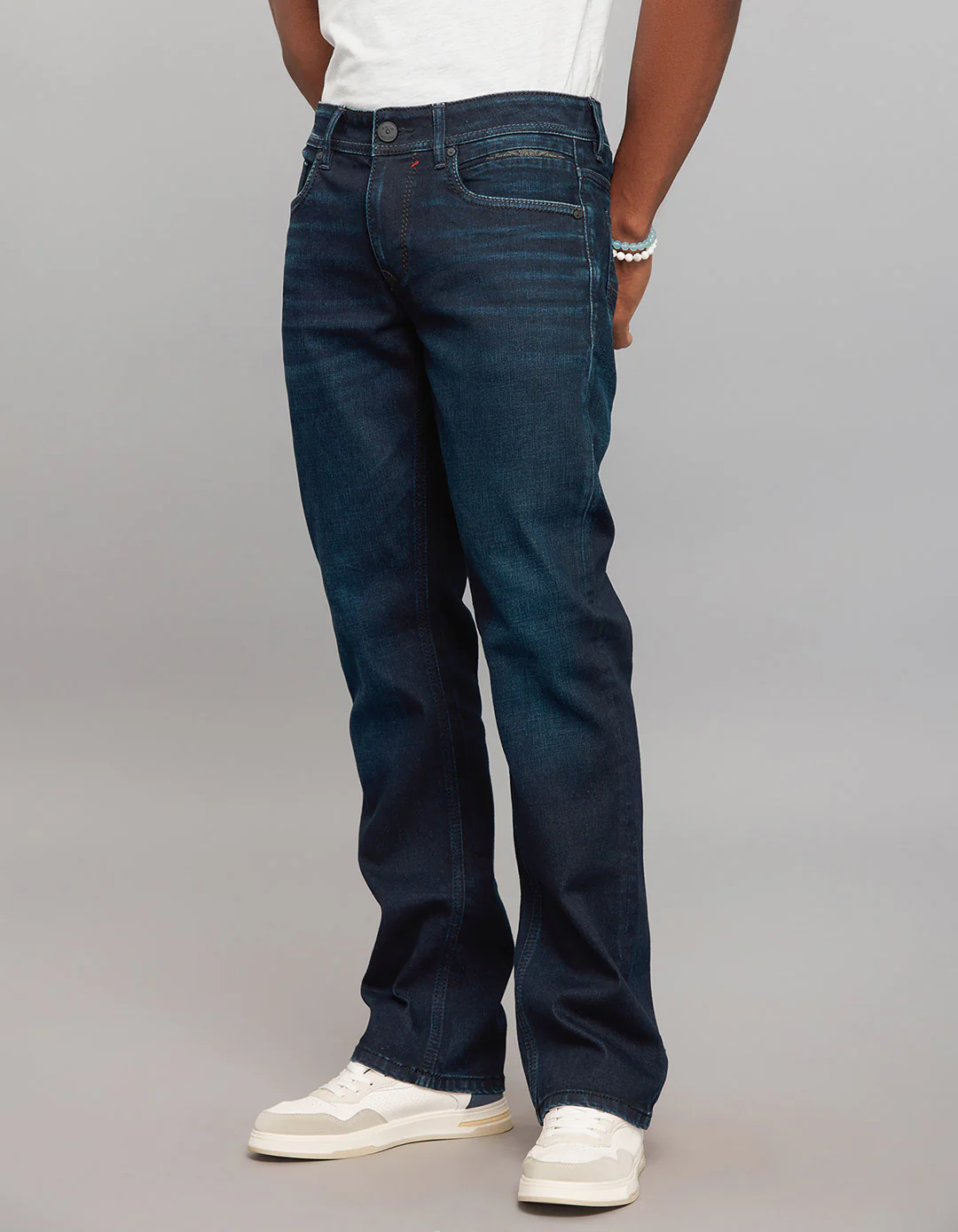 Dark Blue Mid Rise Loose Boot Leg Stretch Jeans - Image 3