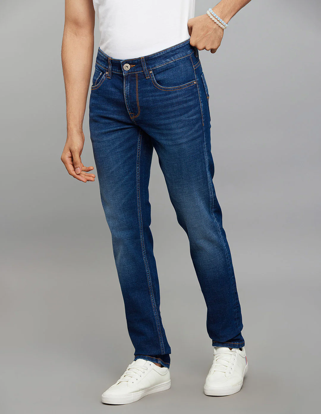 Dark Blue Mid-Rise Slim Straight Fit Classic Stretch Jeans