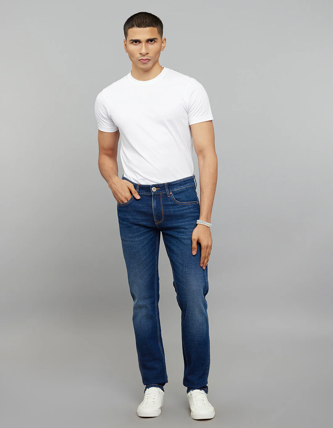 Dark Blue Mid-Rise Slim Straight Fit Classic Stretch Jeans - Image 2