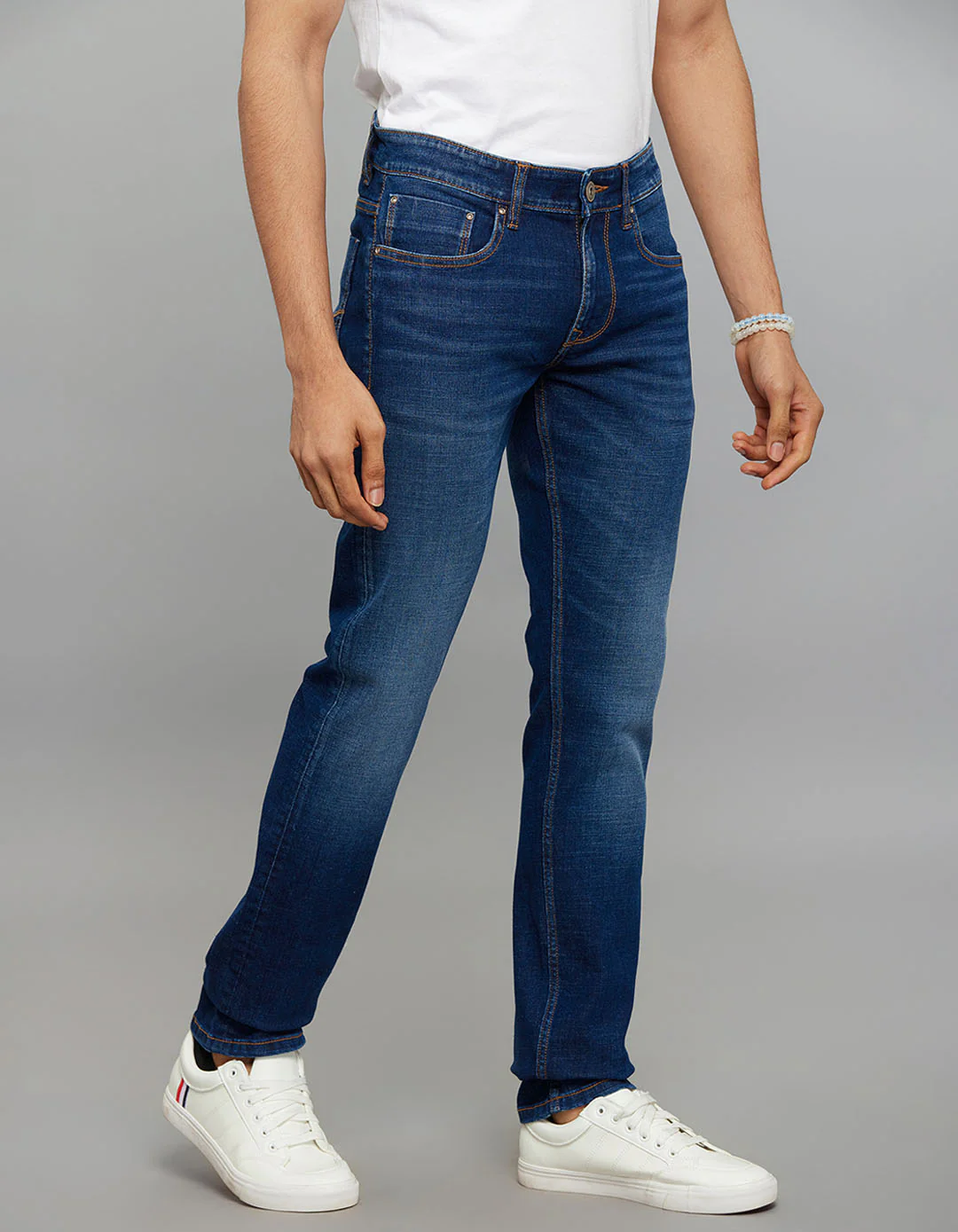 Dark Blue Mid-Rise Slim Straight Fit Classic Stretch Jeans - Image 3