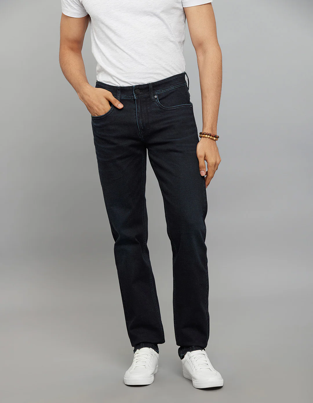 Dark Blue Mid-Rise Slim Straight Fit Classic Stretch Jeans