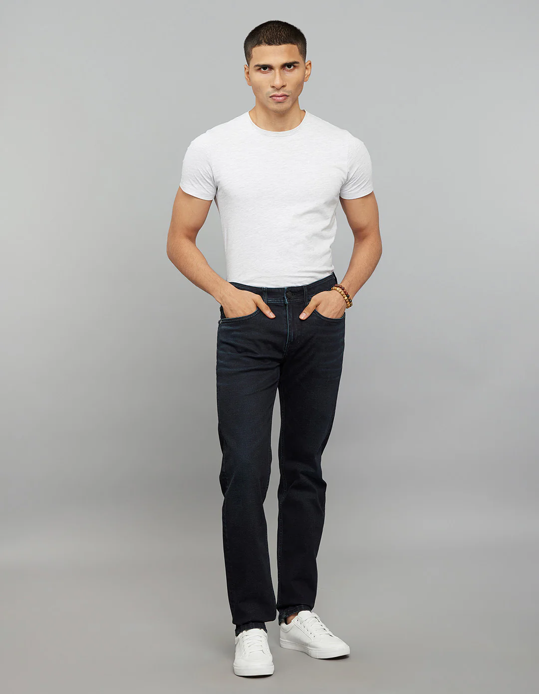Dark Blue Mid-Rise Slim Straight Fit Classic Stretch Jeans - Image 2