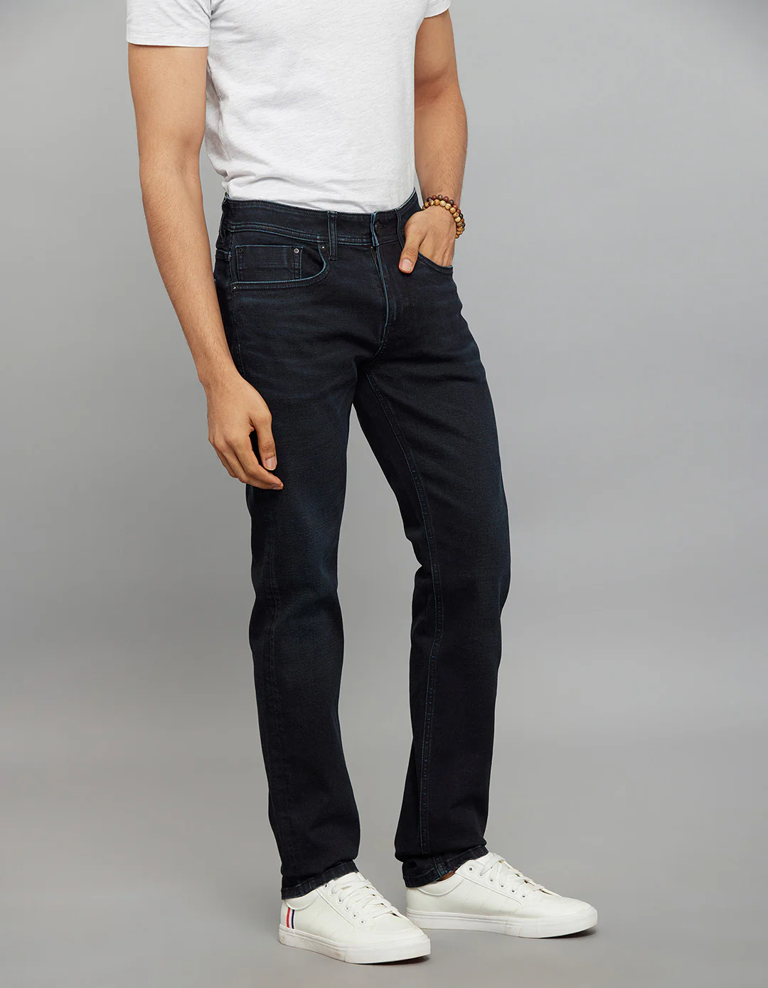 Dark Blue Mid-Rise Slim Straight Fit Classic Stretch Jeans - Image 3