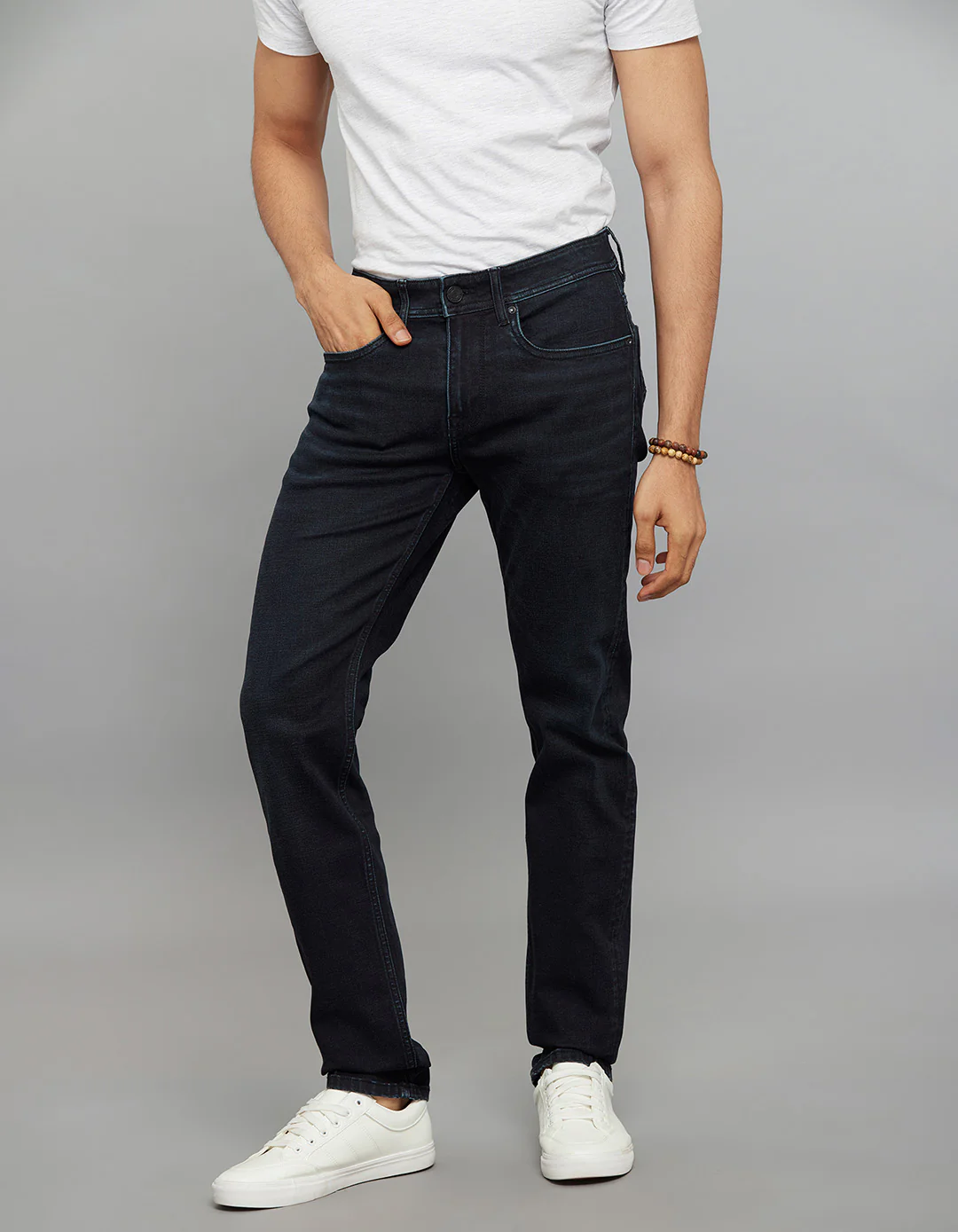 Dark Blue Mid-Rise Slim Straight Fit Classic Stretch Jeans - Image 4