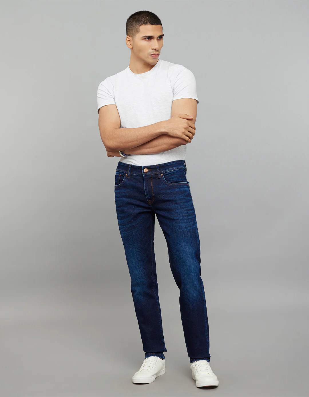 Dark Blue Mid-Rise Slim Straight Fit Classic Stretch Jeans - Image 2