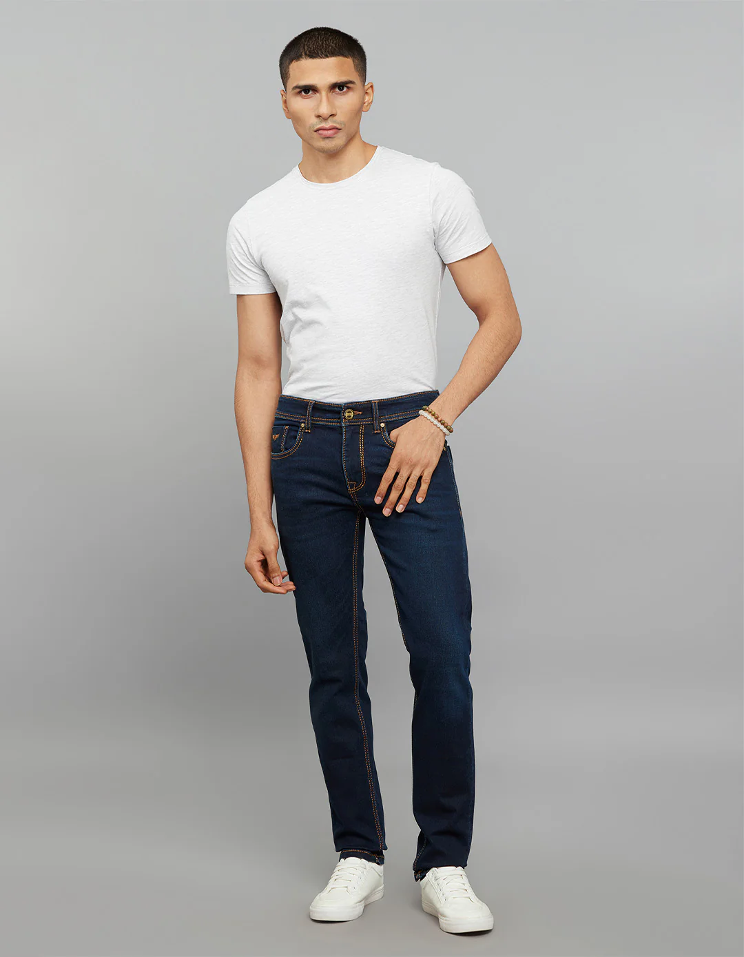 Dark Blue Mid-Rise Slim Straight Fit Knit Jeans - Image 2