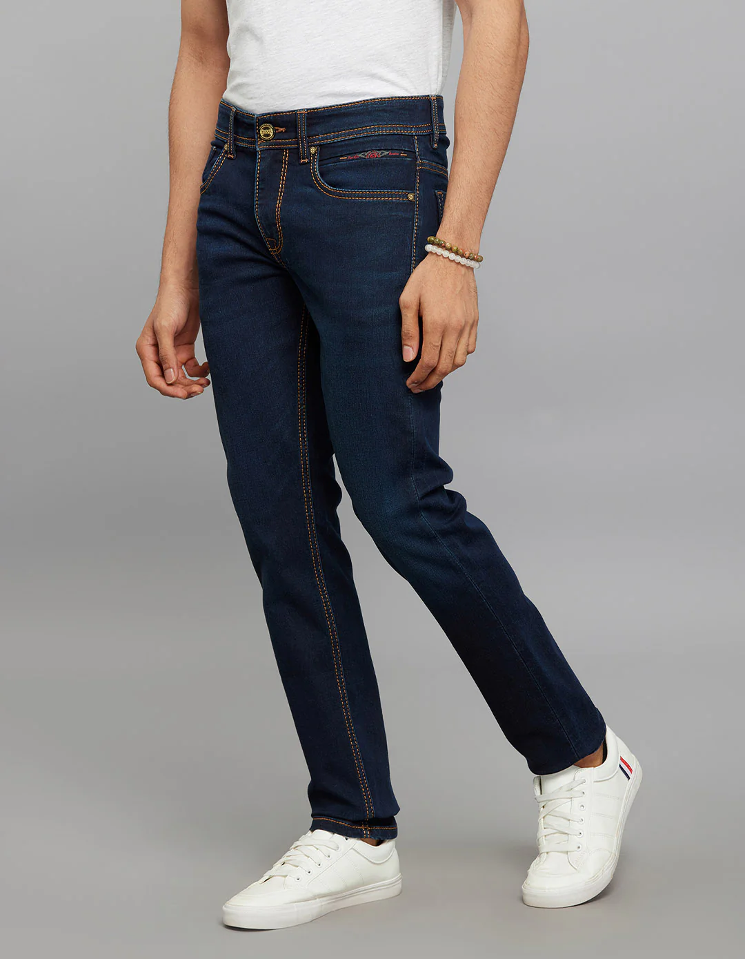 Dark Blue Mid-Rise Slim Straight Fit Knit Jeans - Image 3