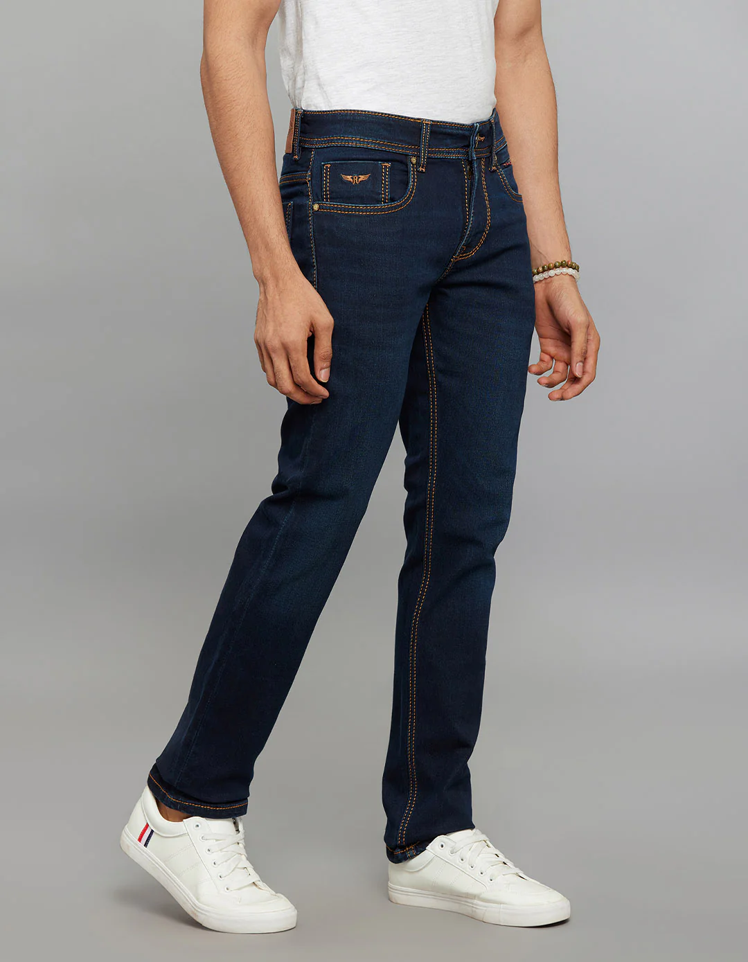 Dark Blue Mid-Rise Slim Straight Fit Knit Jeans - Image 4