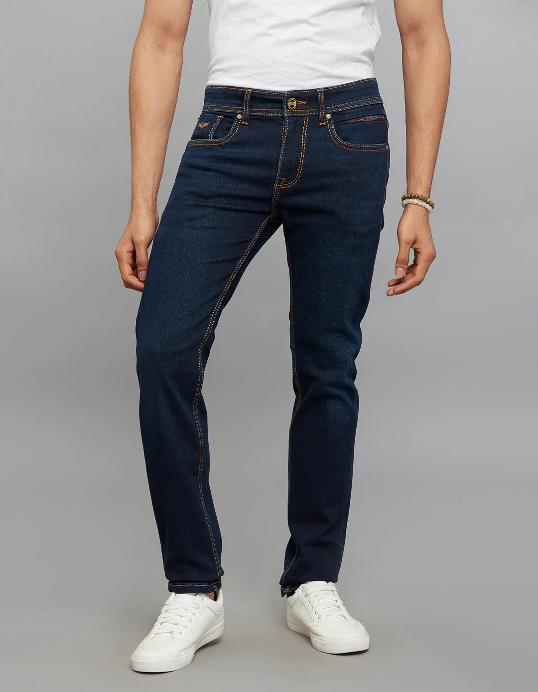 Dark Blue Mid-Rise Slim Straight Fit Stretch Knit Jeans
