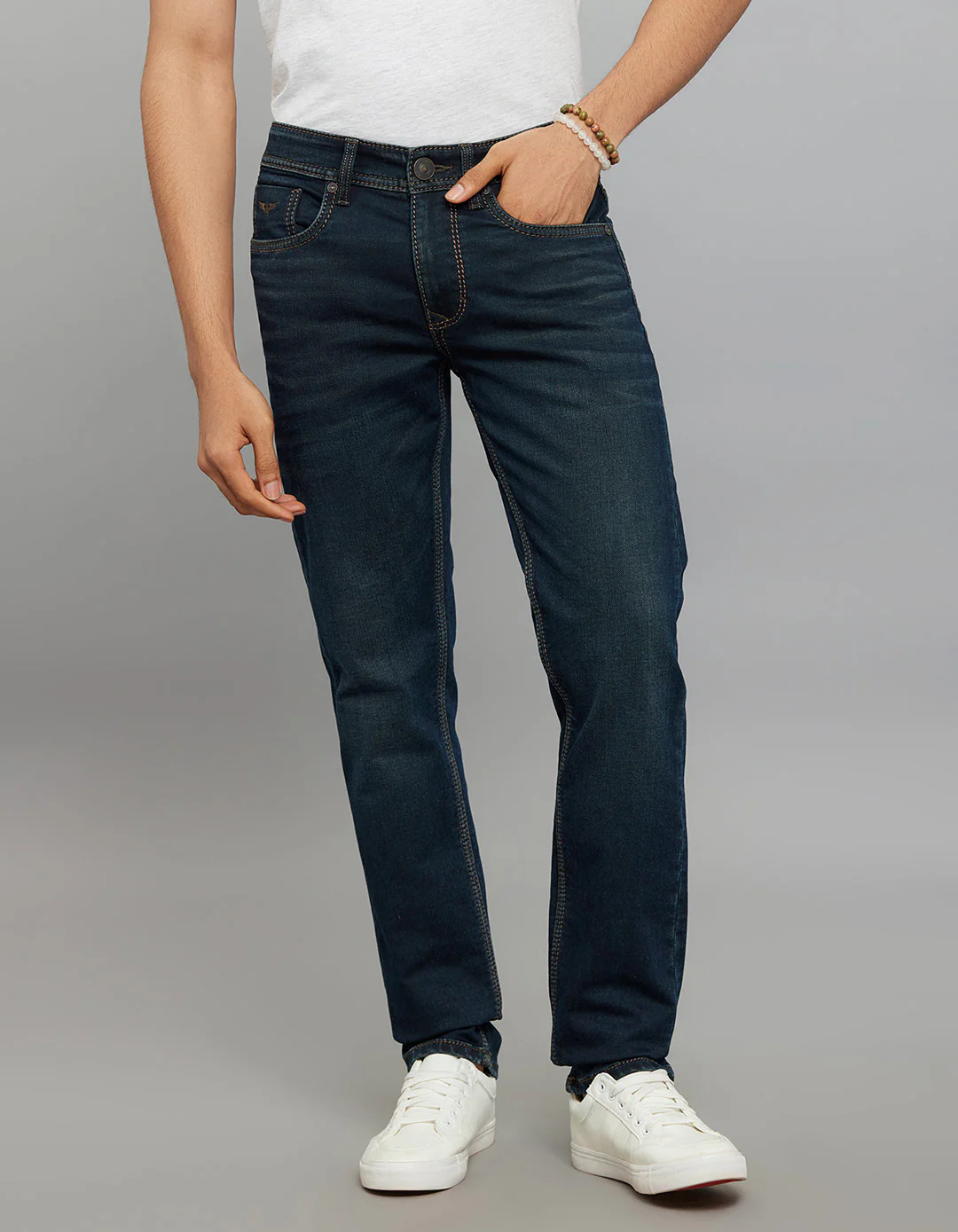 Dark Blue Mid-Rise Slim Straight Fit Knit Jeans