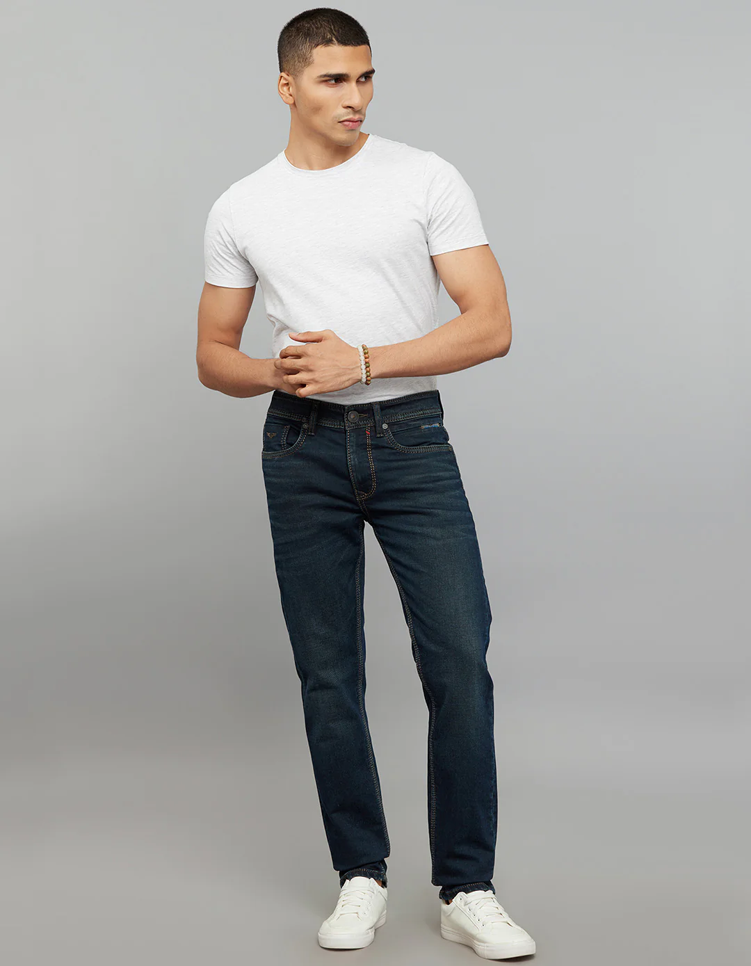 Dark Blue Mid-Rise Slim Straight Fit Knit Jeans - Image 2