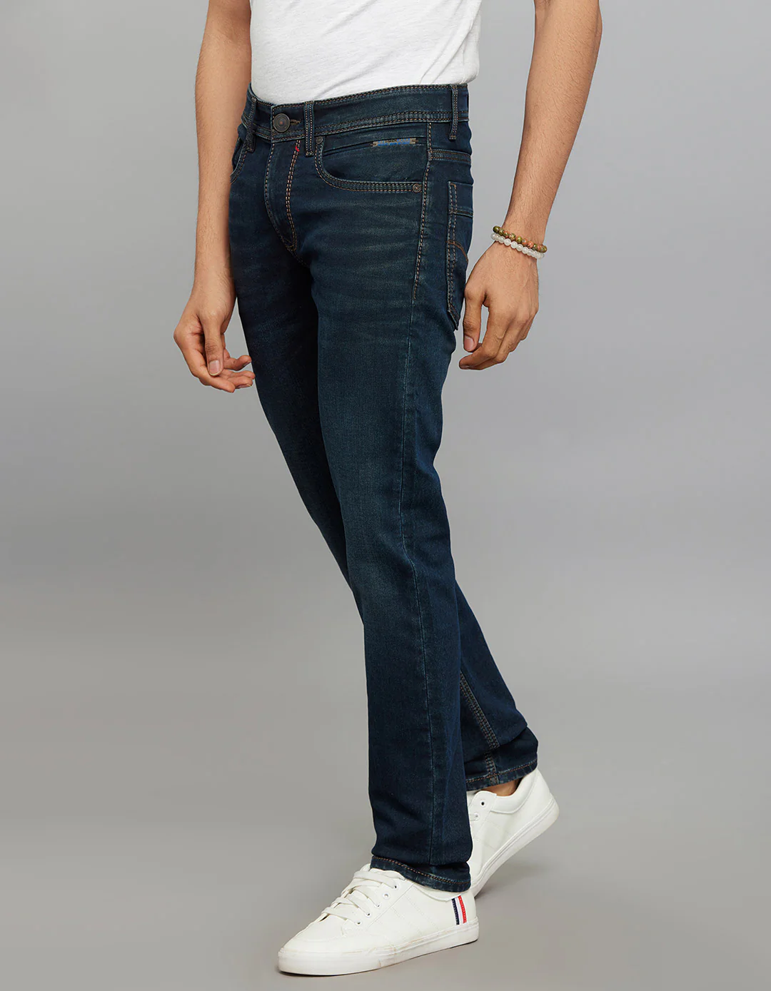 Dark Blue Mid-Rise Slim Straight Fit Knit Jeans - Image 3