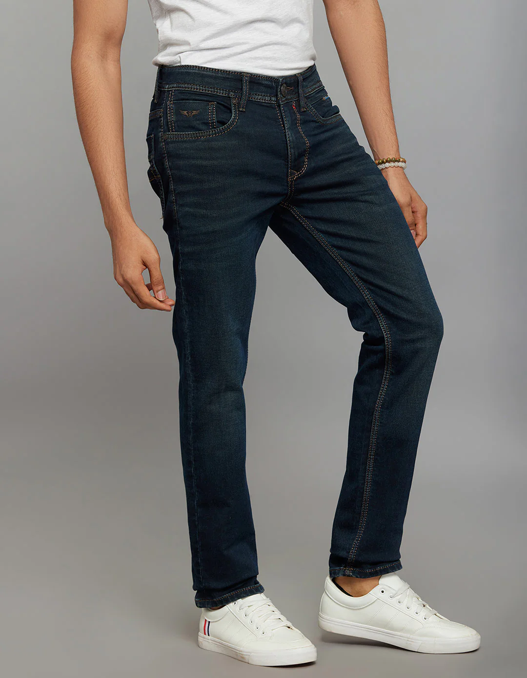 Dark Blue Mid-Rise Slim Straight Fit Knit Jeans - Image 4