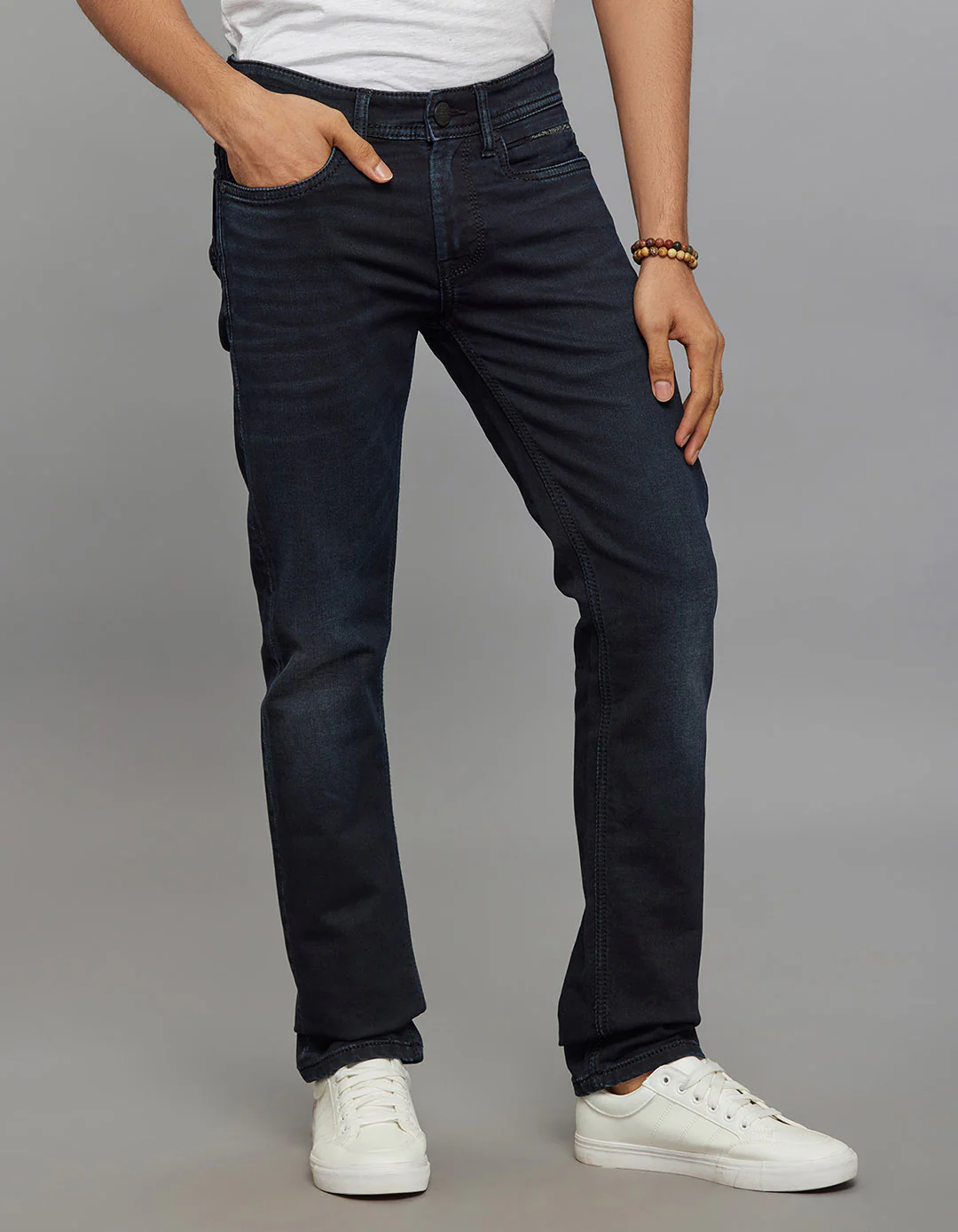 Dark Blue Mid-Rise Slim Straight Fit Knit Stretch Jeans