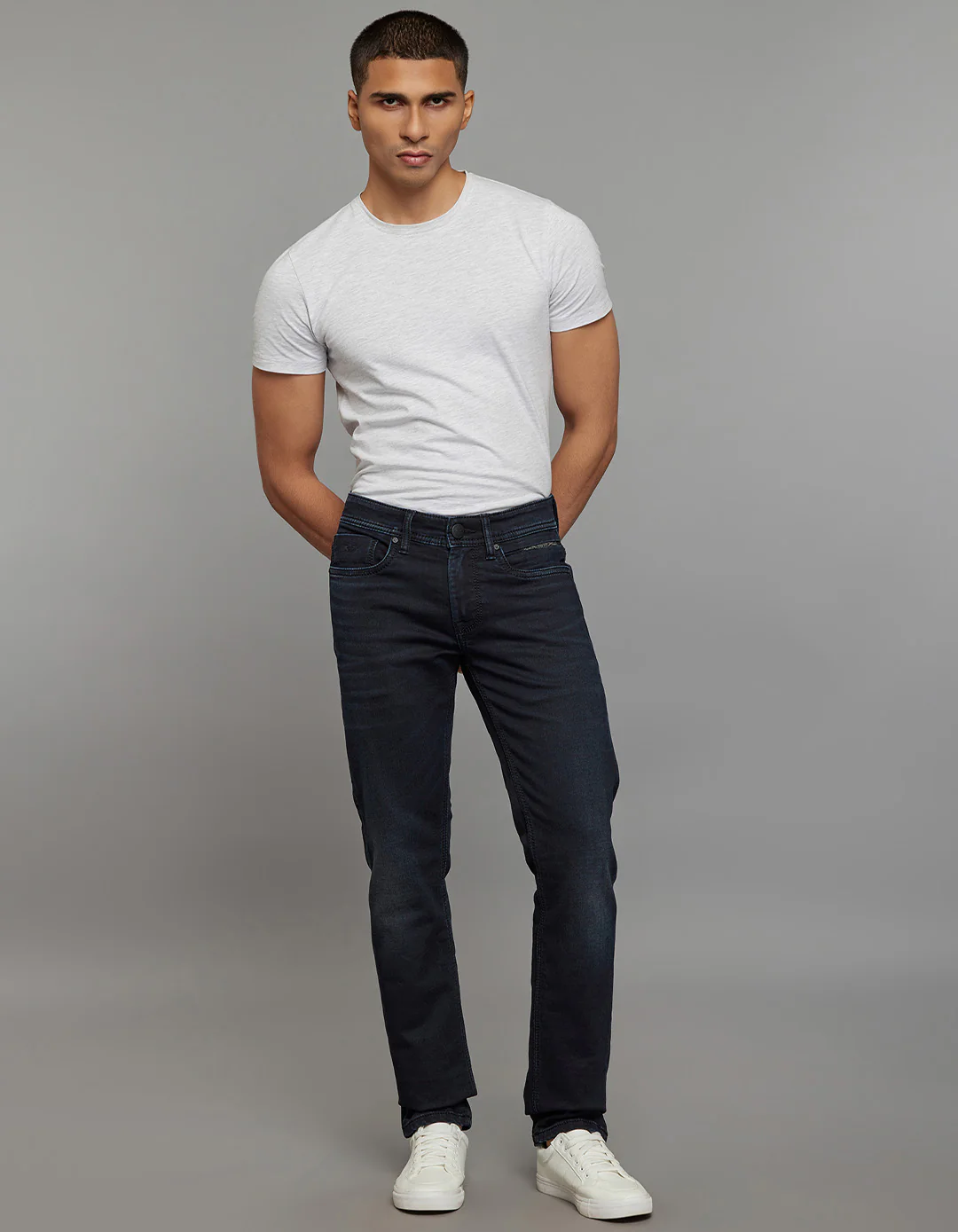 Dark Blue Mid-Rise Slim Straight Fit Knit Stretch Jeans - Image 2