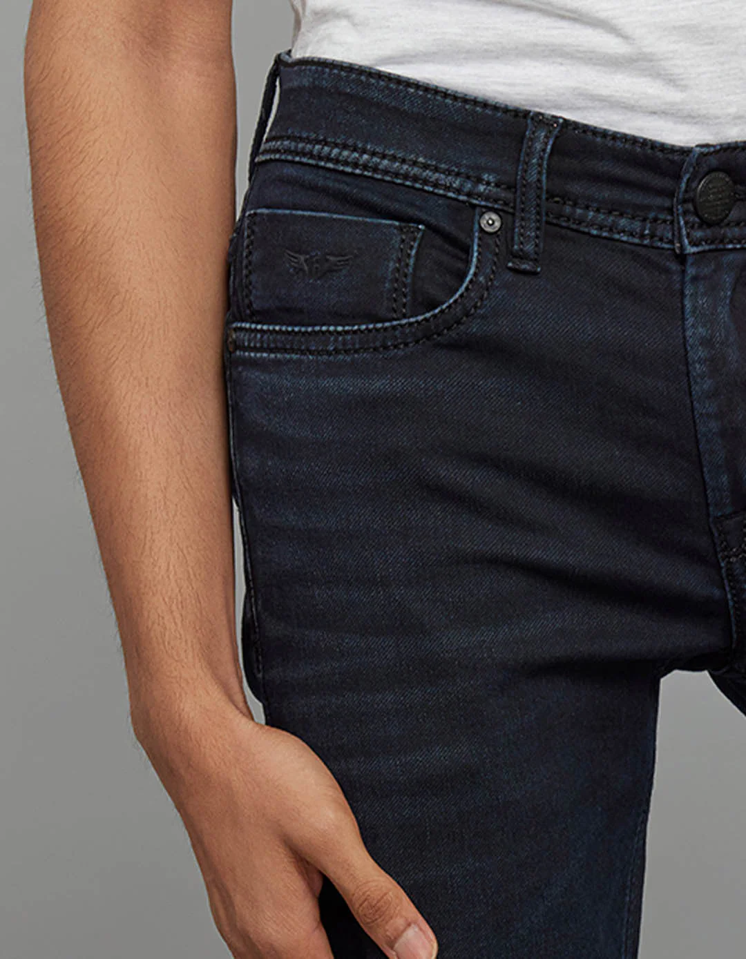 Dark Blue Mid-Rise Slim Straight Fit Knit Stretch Jeans - Image 5