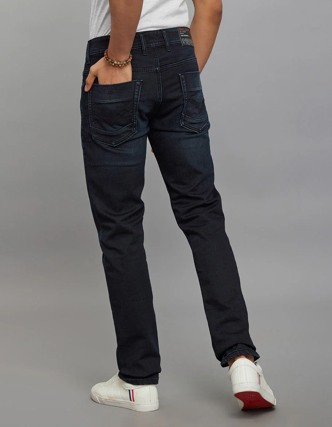 Dark Blue Mid-Rise Slim Straight Fit Knit Stretch Jeans - Image 6