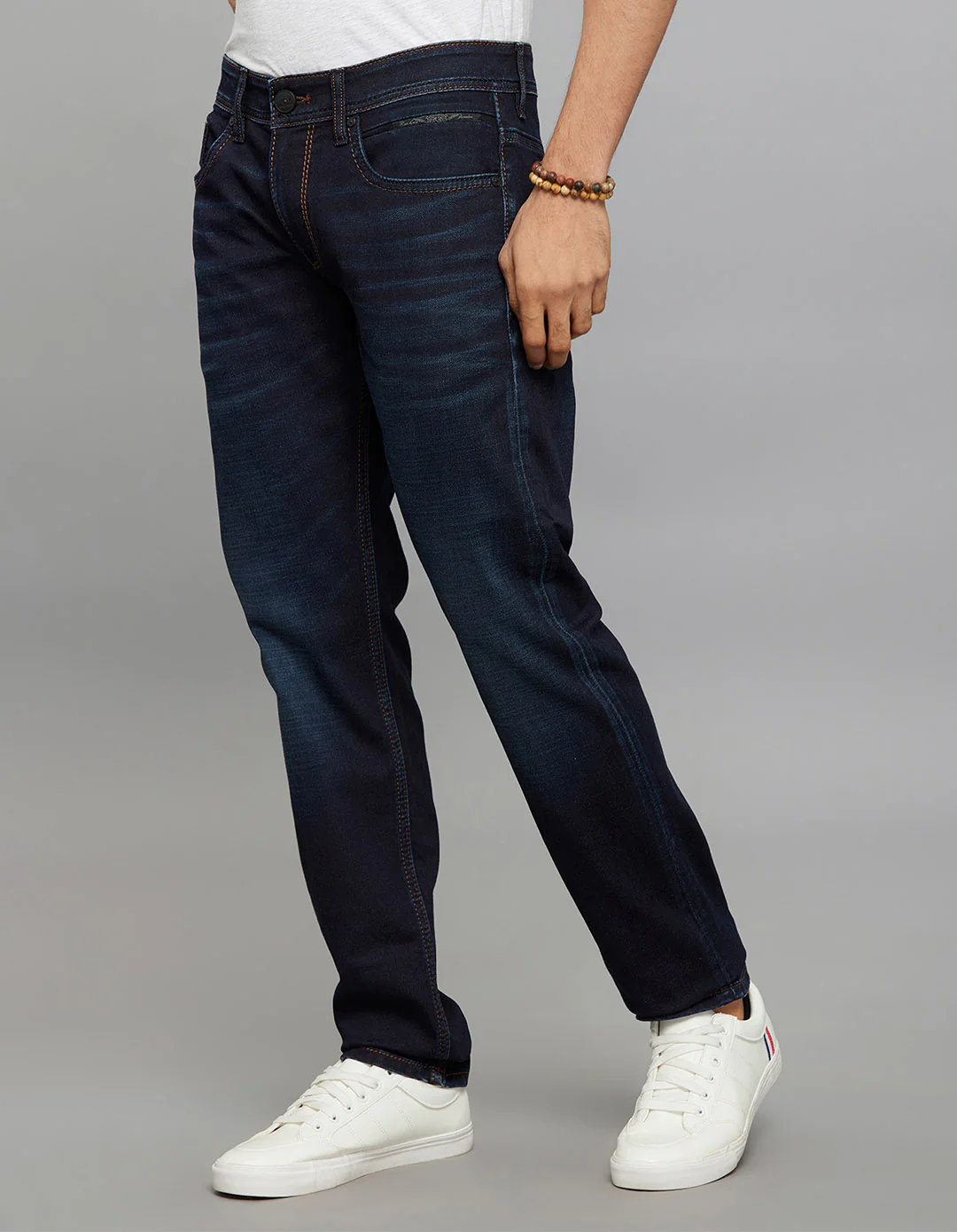 Dark Blue Mid-Rise Slim Straight Fit Knit Stretch Jeans - Image 3