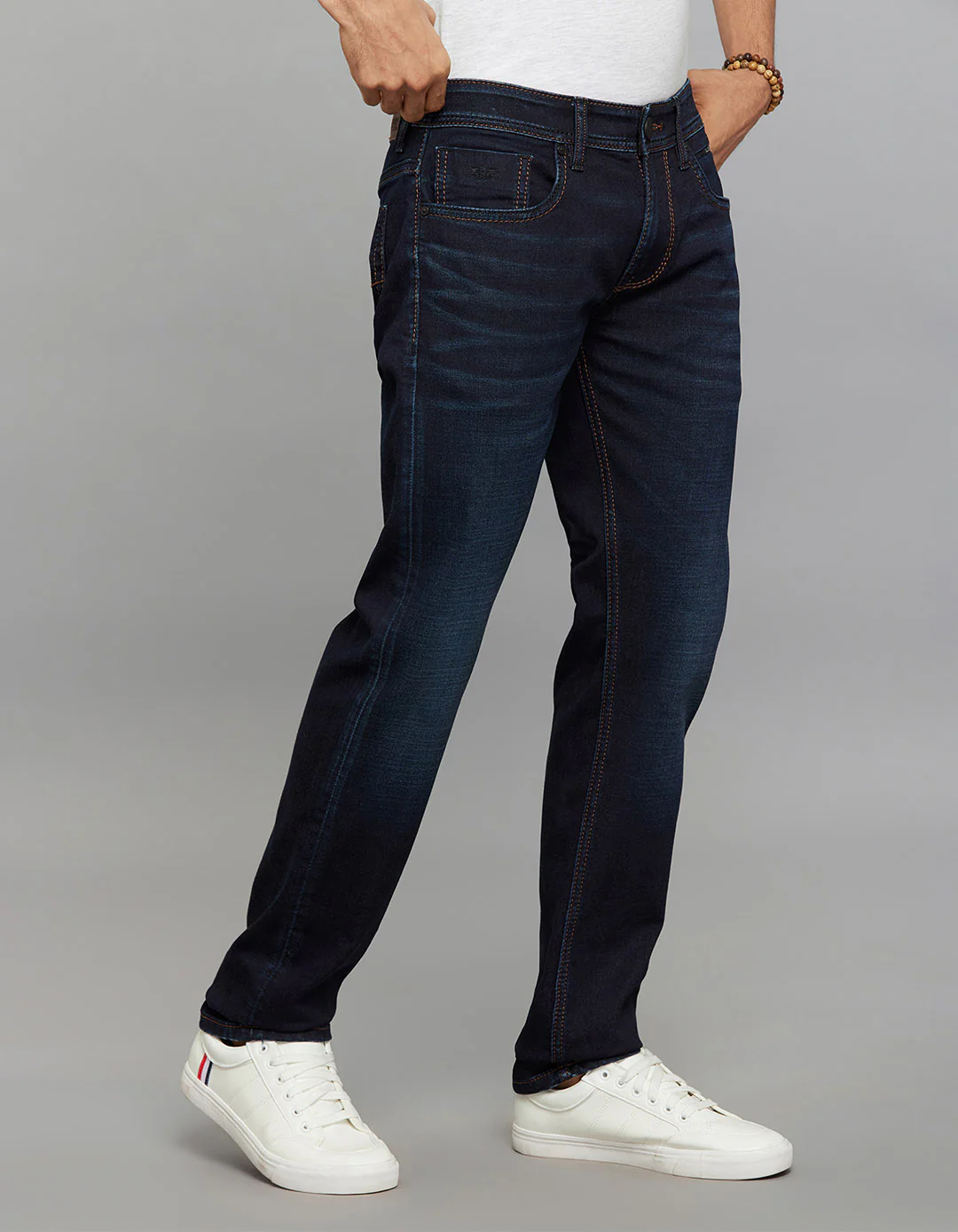 Dark Blue Mid-Rise Slim Straight Fit Knit Stretch Jeans - Image 4
