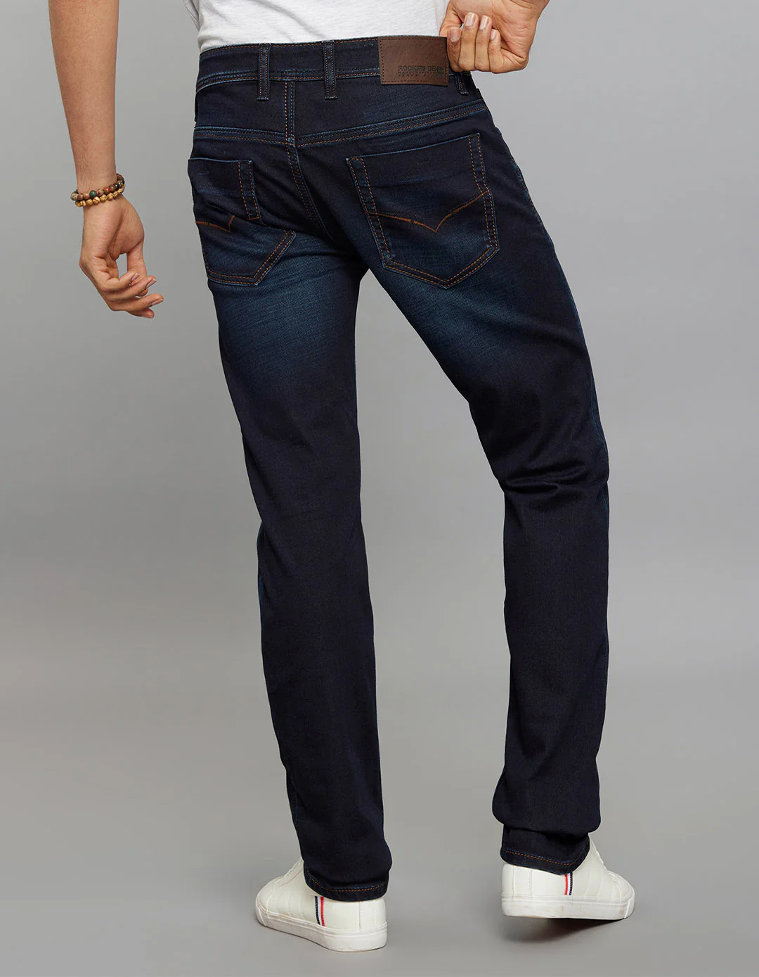 Dark Blue Mid-Rise Slim Straight Fit Knit Stretch Jeans - Image 5
