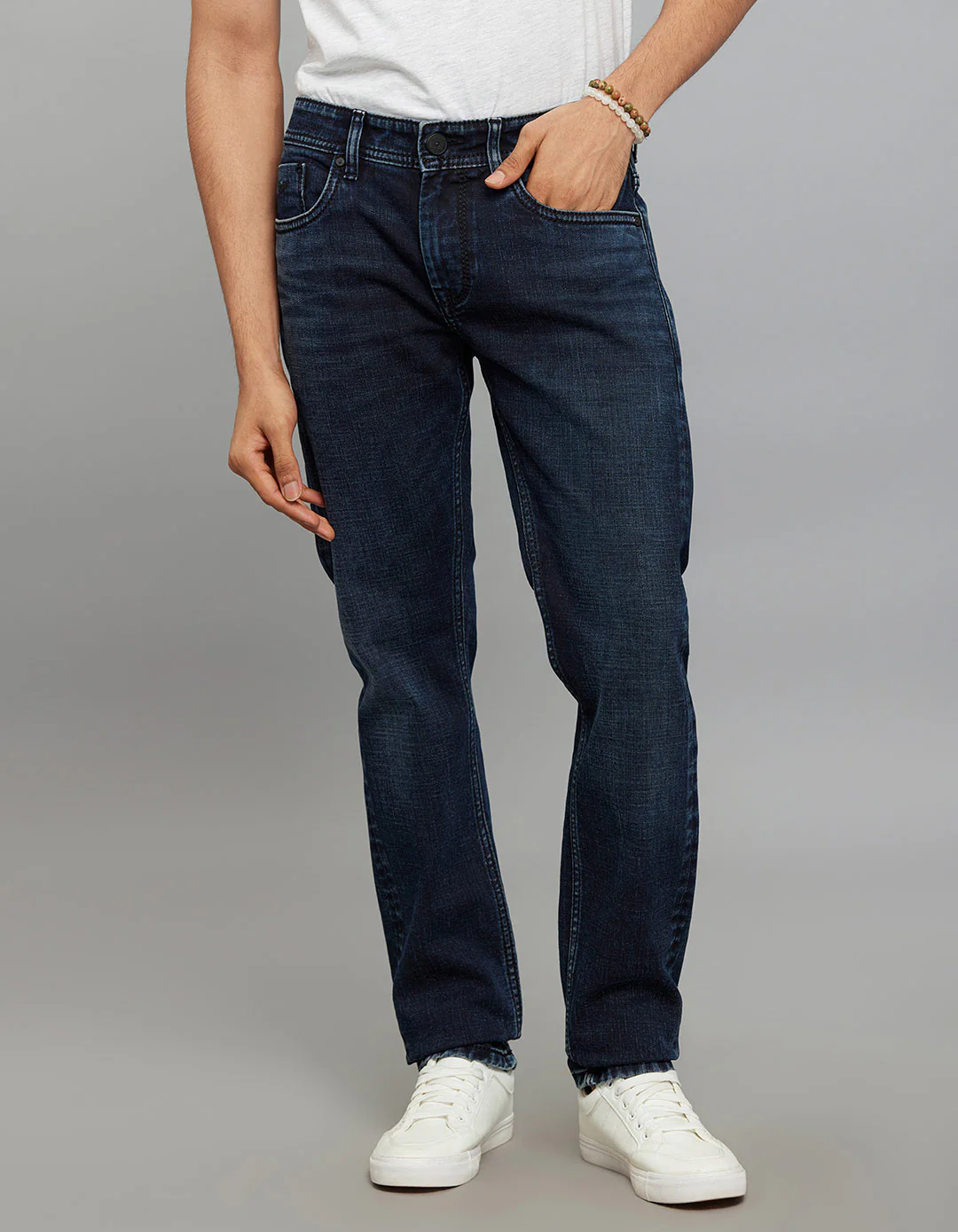 Dark Blue Mid-Rise Slim Straight Fit Stretch Jeans