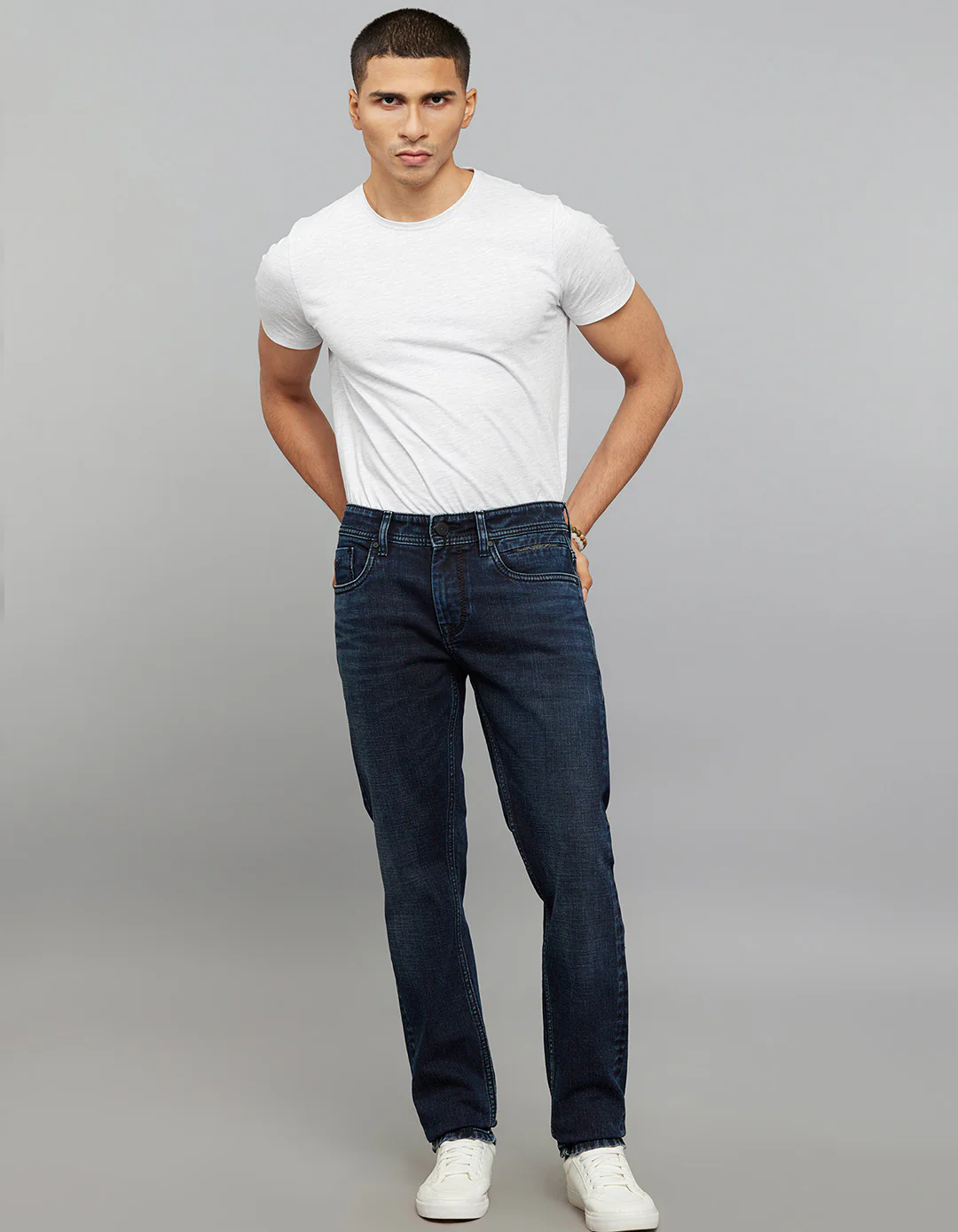 Dark Blue Mid-Rise Slim Straight Fit Stretch Jeans - Image 2