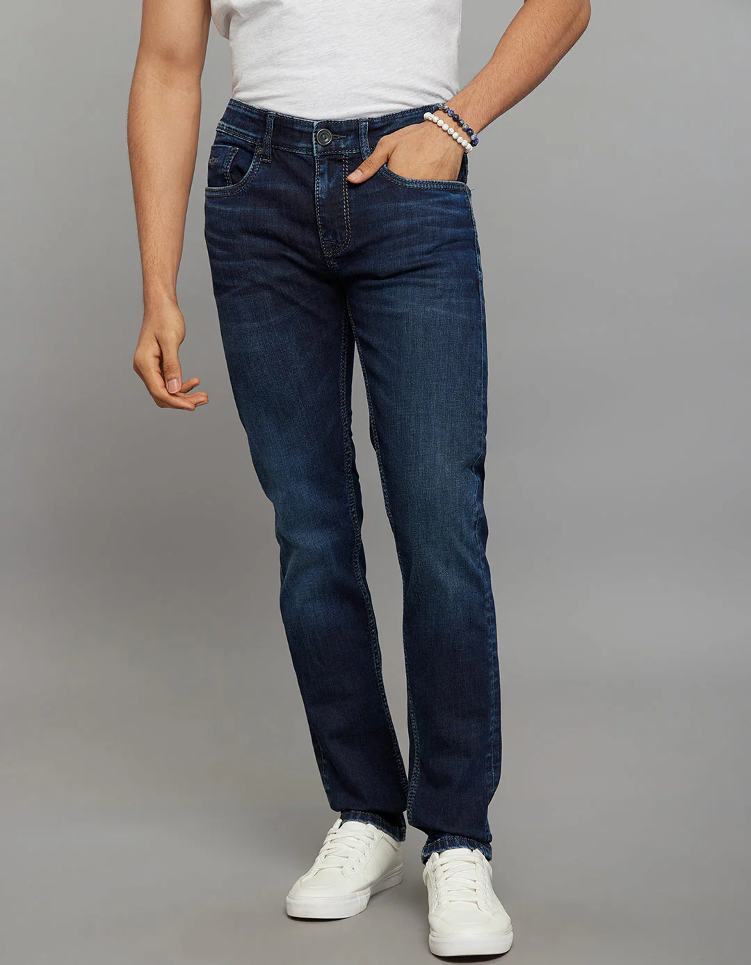 Dark Blue Mid-Rise Slim Straight Fit Stretch Jeans