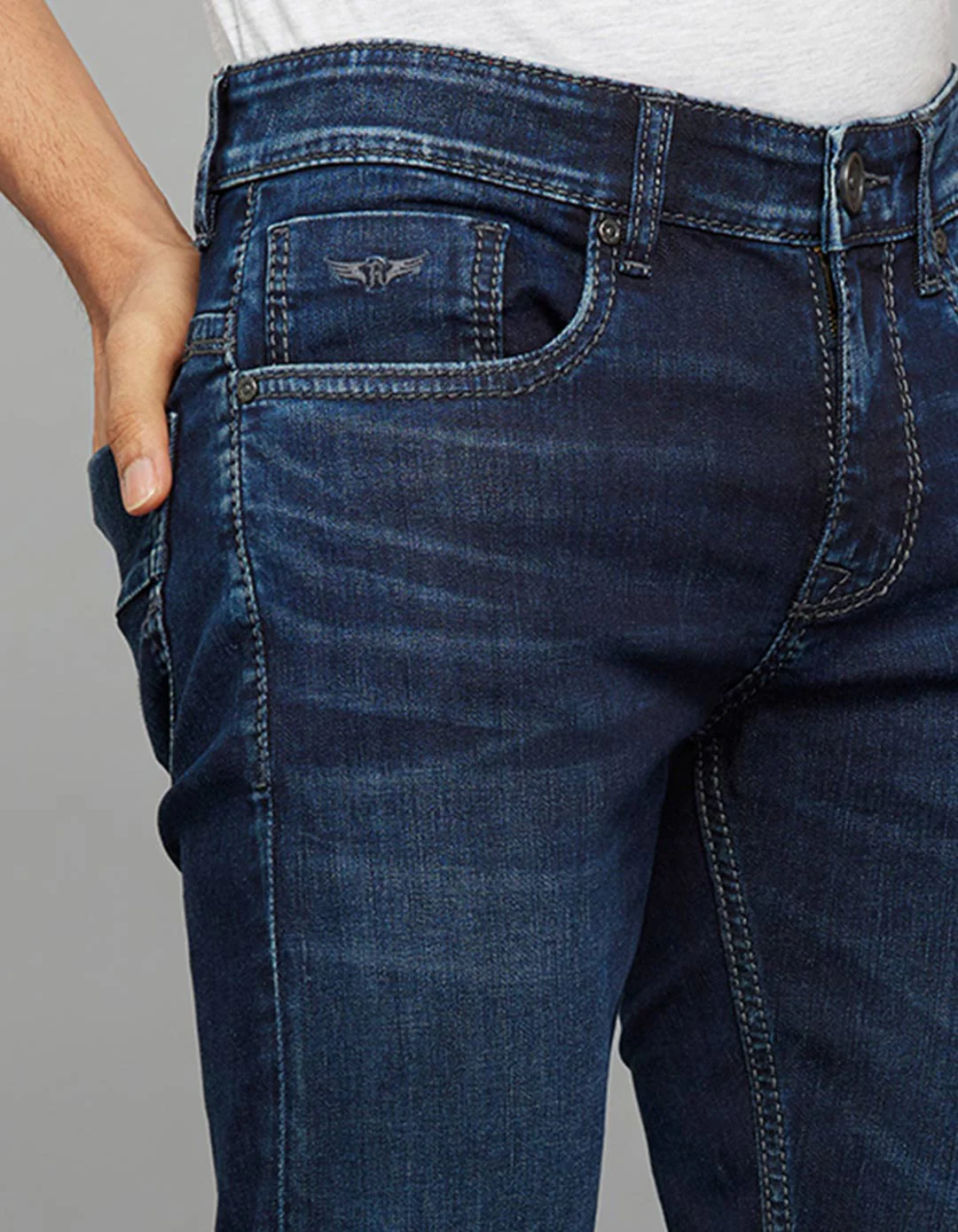 Dark Blue Mid-Rise Slim Straight Fit Stretch Jeans - Image 6