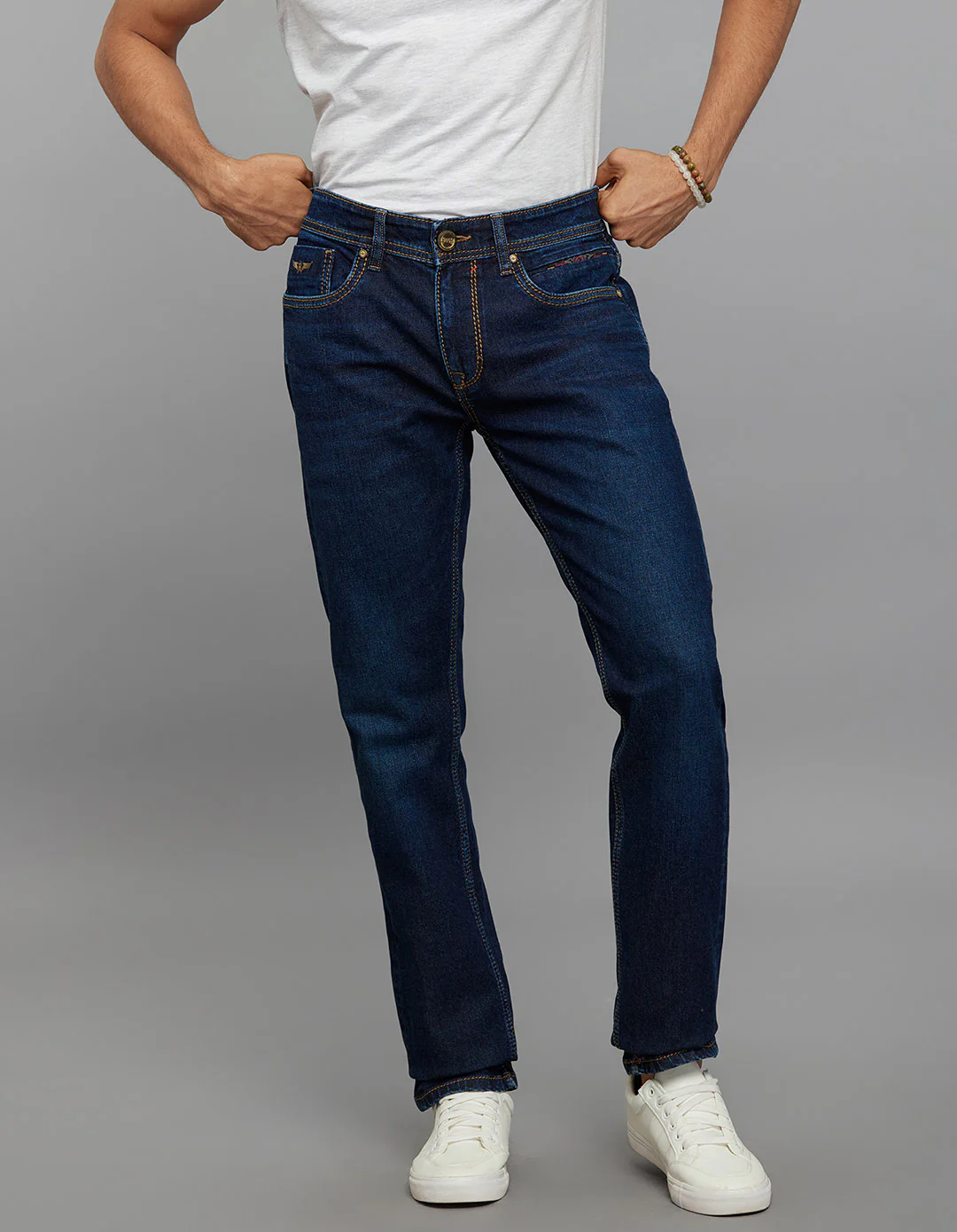 Dark Blue Mid-Rise Slim Straight Fit Stretch Jeans