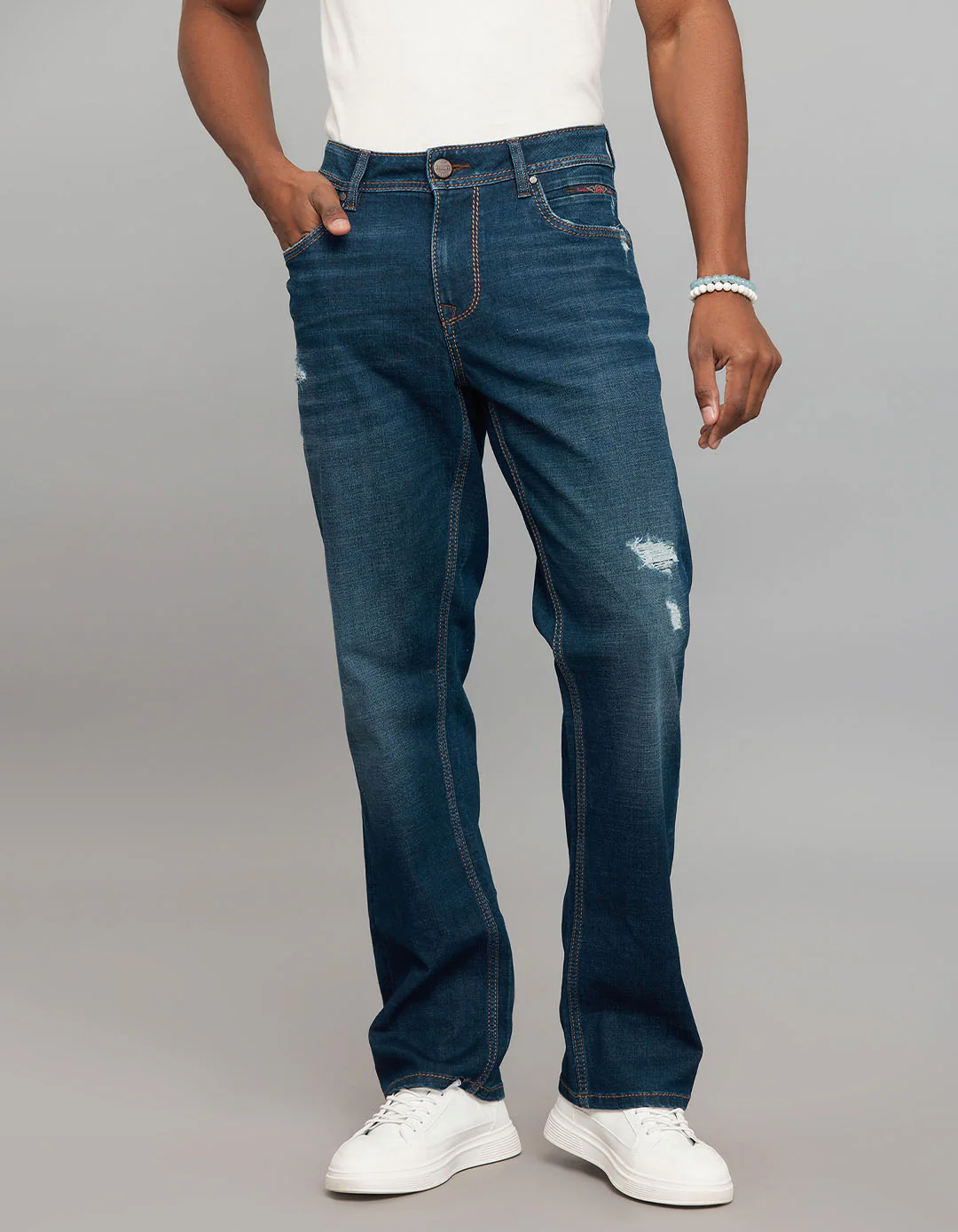 Dark Blue Midrise, Comfort And Straight Fit Stretch Jeans