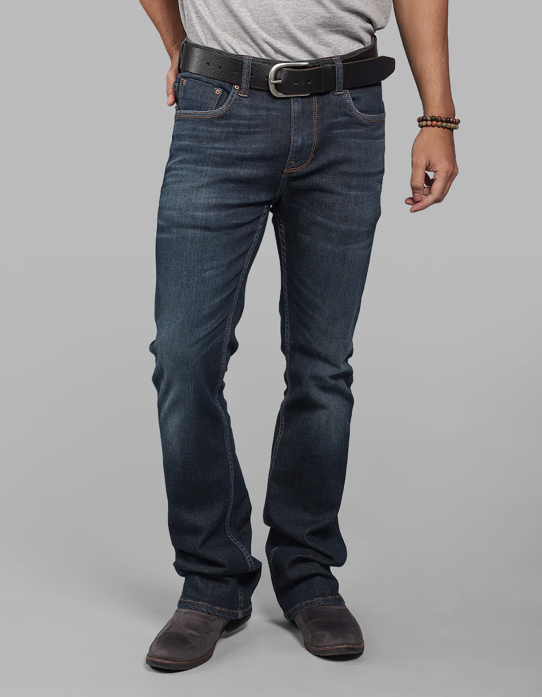 Dark Blue Mid Rise Loose Boot Leg Stretch Jeans