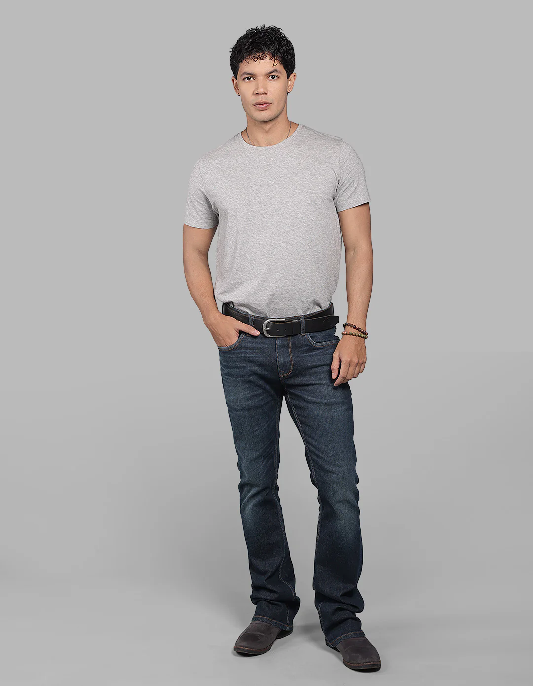 Dark Blue Mid Rise Loose Boot Leg Stretch Jeans - Image 2