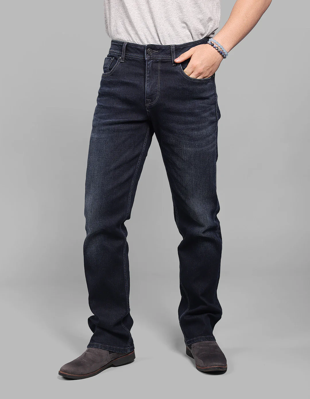Dark Blue Midrise, Comfort And Straight Crop Length Stretch Jeans
