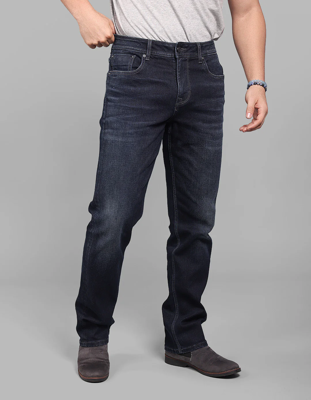 Dark Blue Midrise, Comfort And Straight Crop Length Stretch Jeans - Image 5